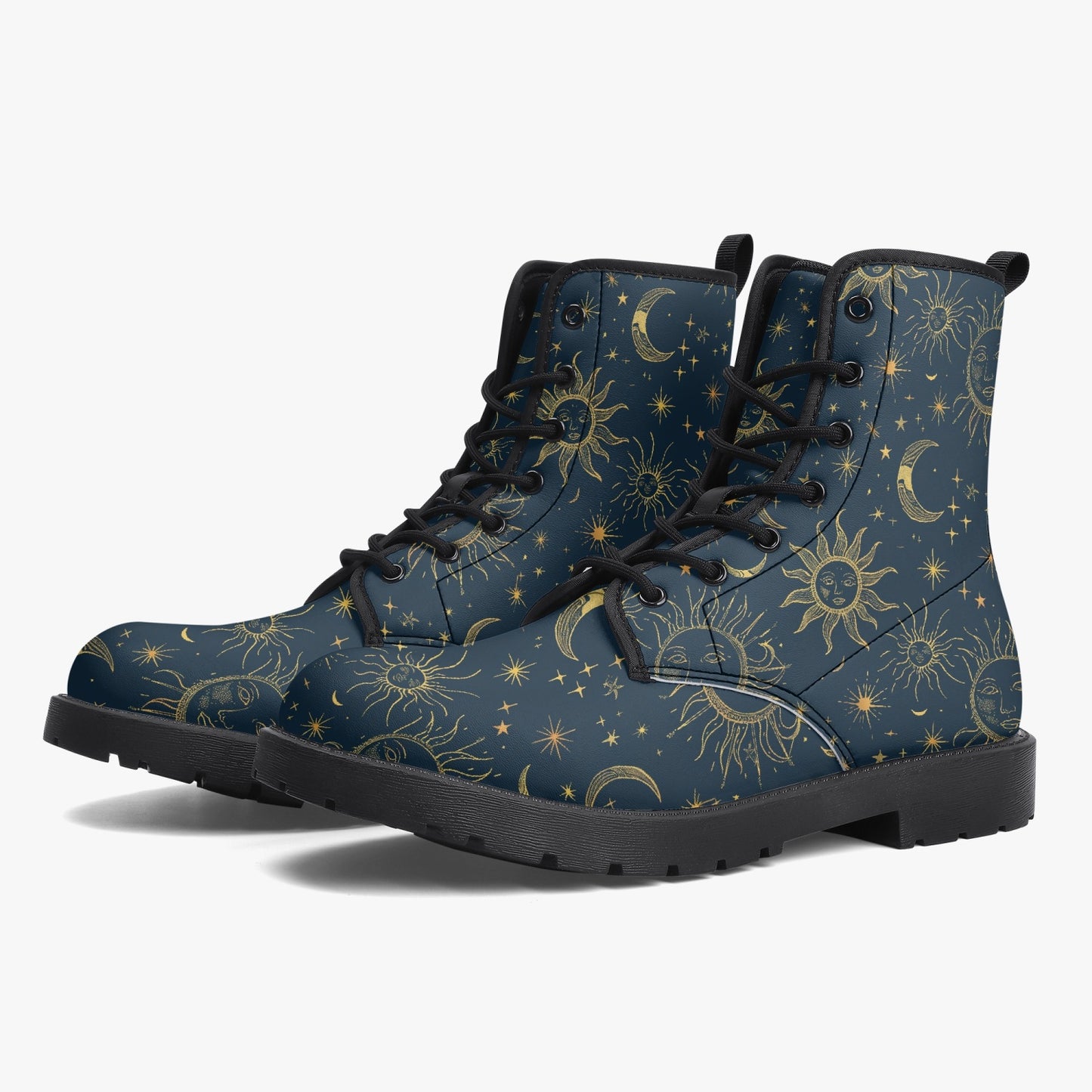 Celestial Sun Moon Leather Combat Boots