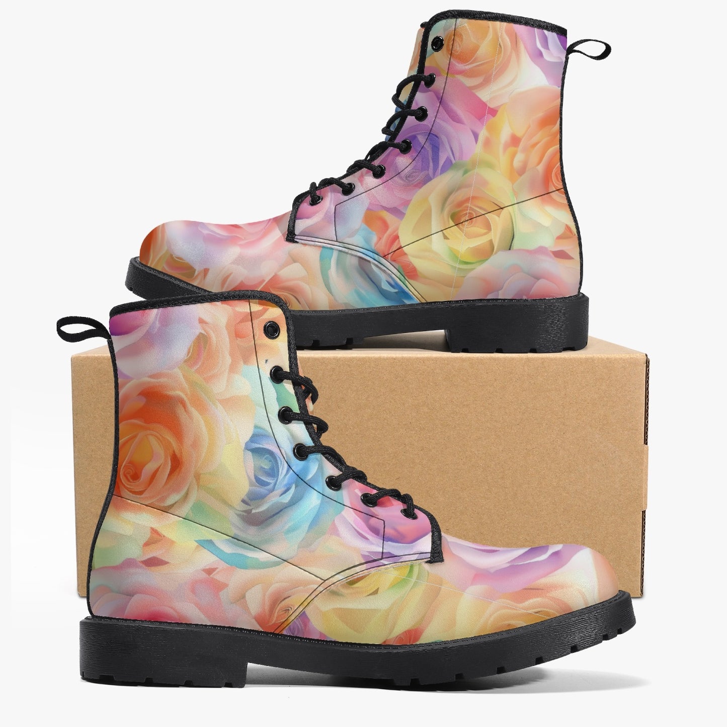 Watercolor Floral Leather Combat Boots