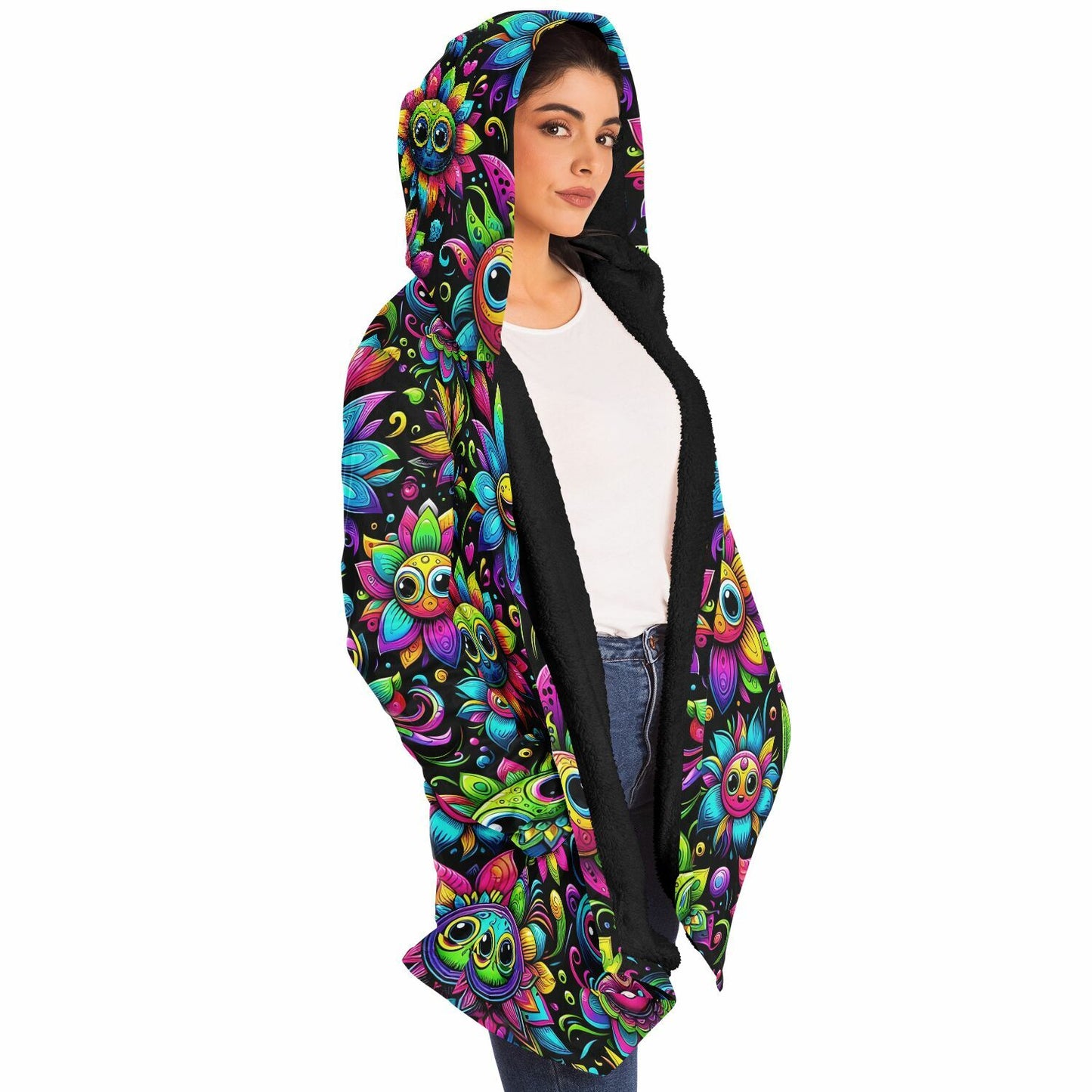 Psychedelic Happy Funny Flowers Fleece Lined Hooded Cloak