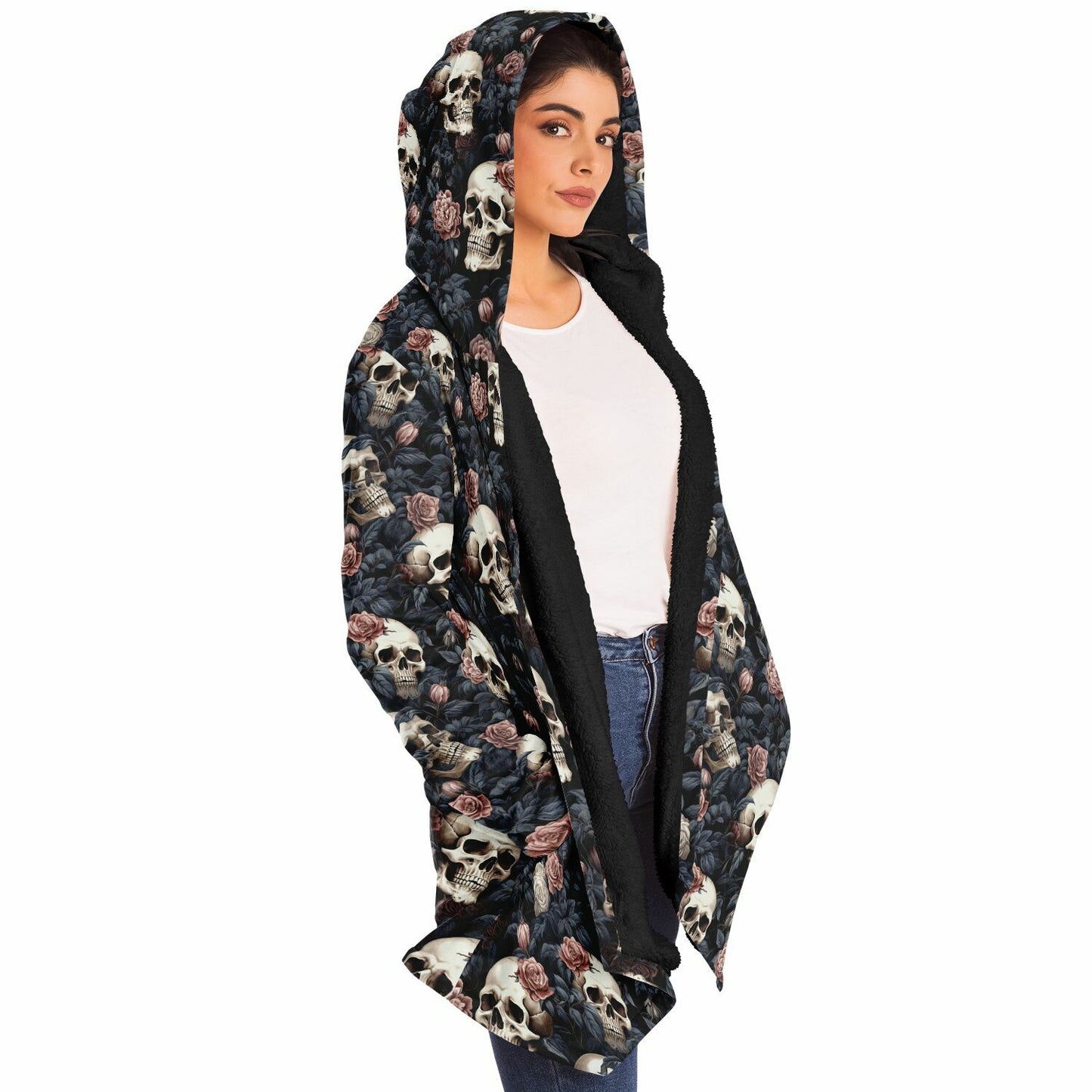 Gothic Skulls Pink Floral Fleece Lined Hooded Cloak