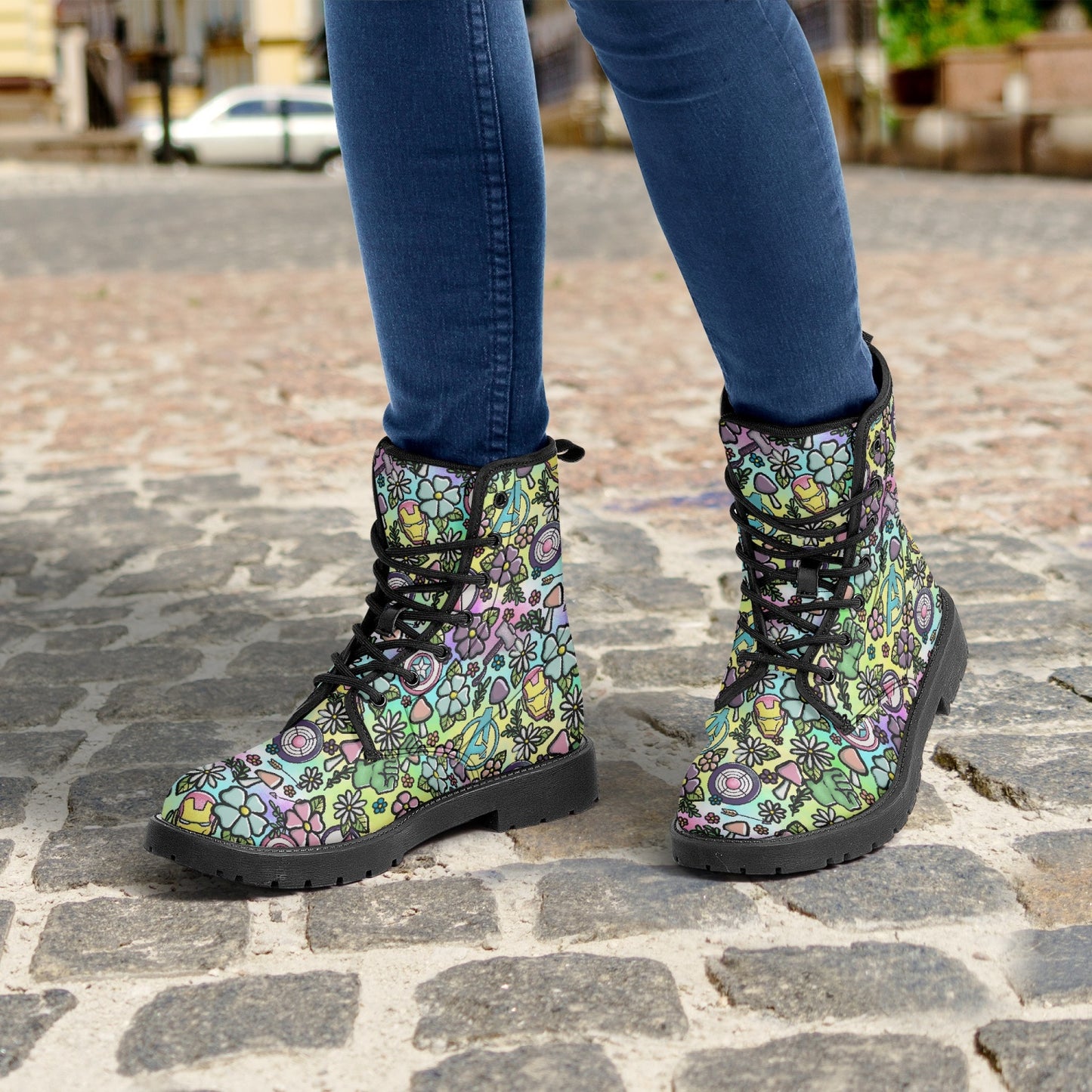 Pastel Avengers Floral Cottagecore Leather Combat Boots