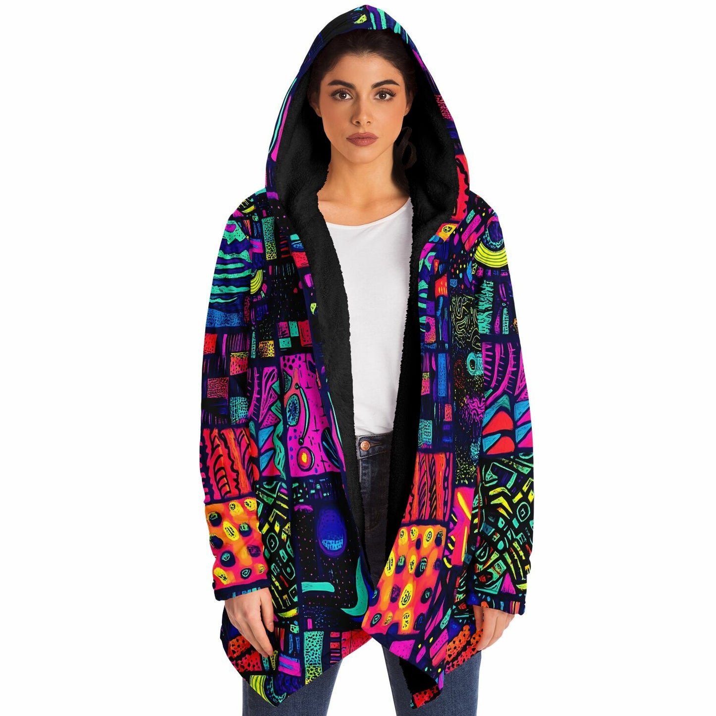 Psychedelic Trippy Patchwork Fleece Lined Hooded Cloak