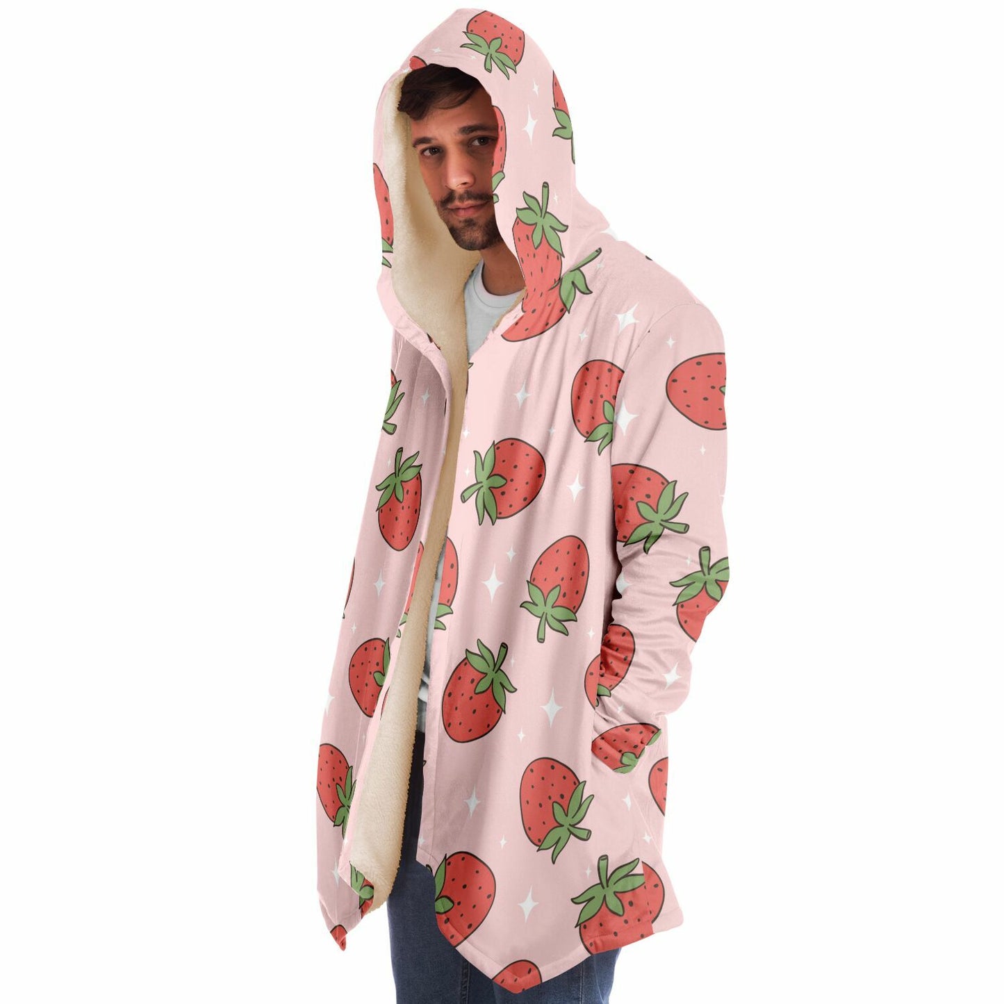 Red Pink Strawberries Fleece Lined Hooded Cloak