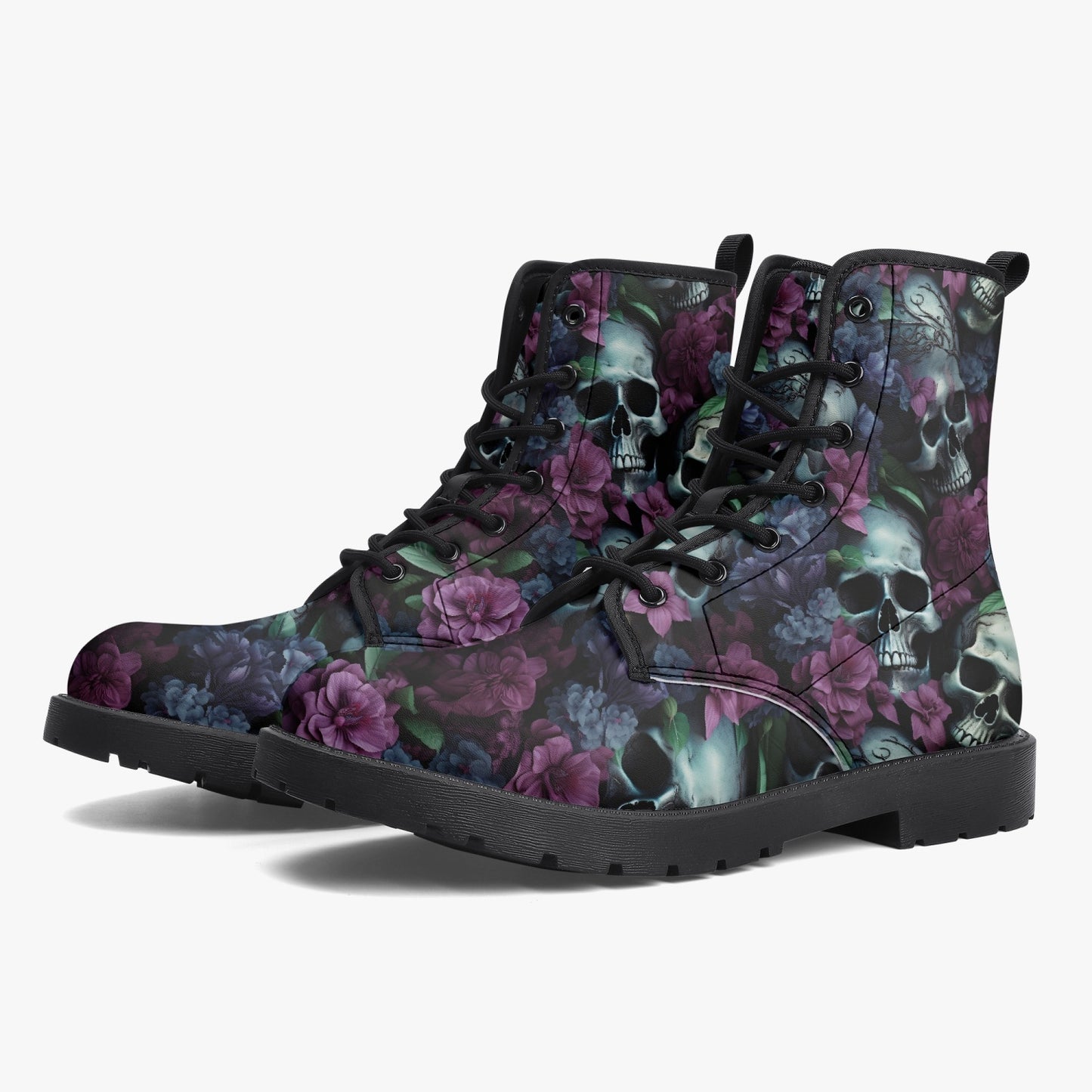 Gothic Skulls Purple Floral Leather Combat Boots