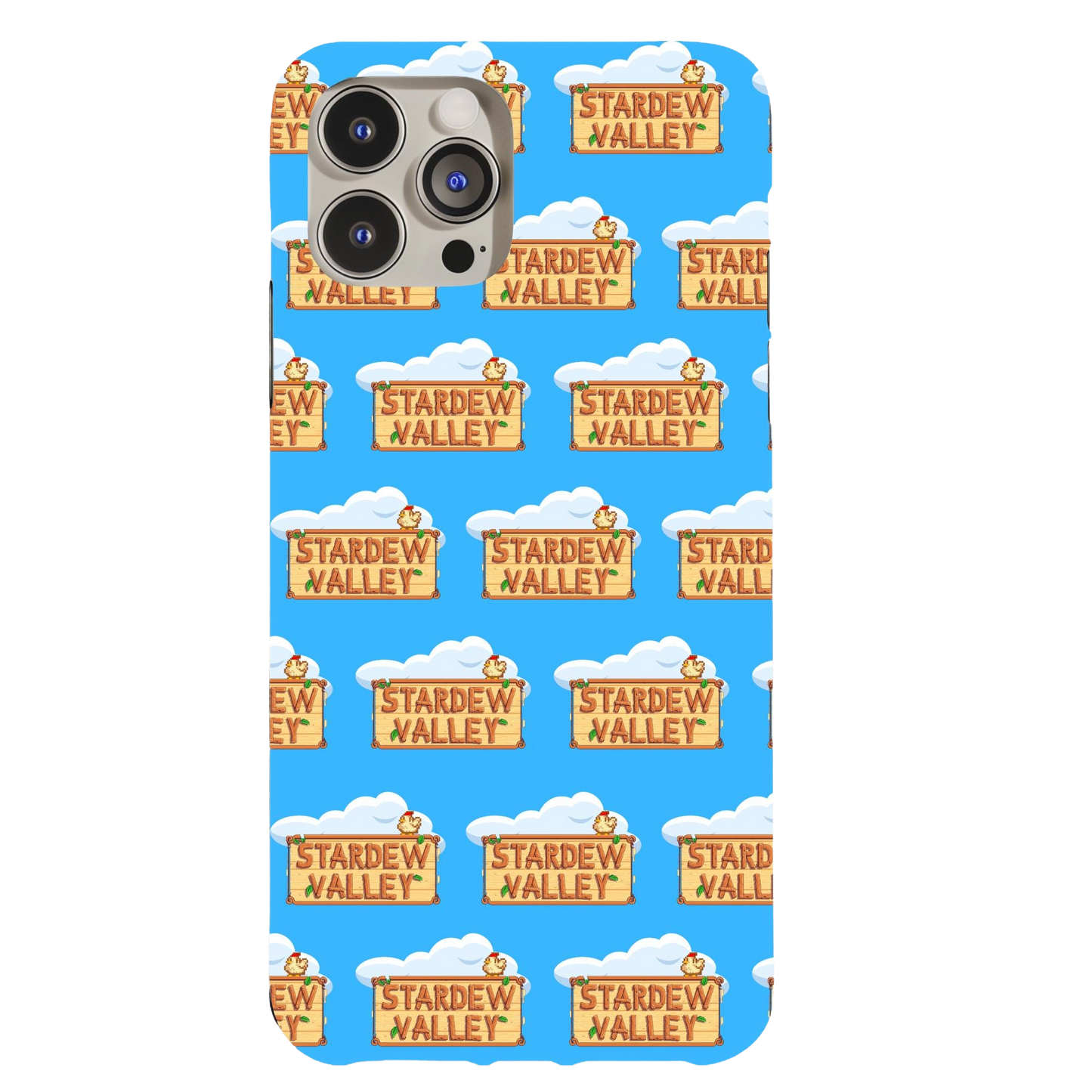 a blue phone case with a pattern of yellow words and clouds