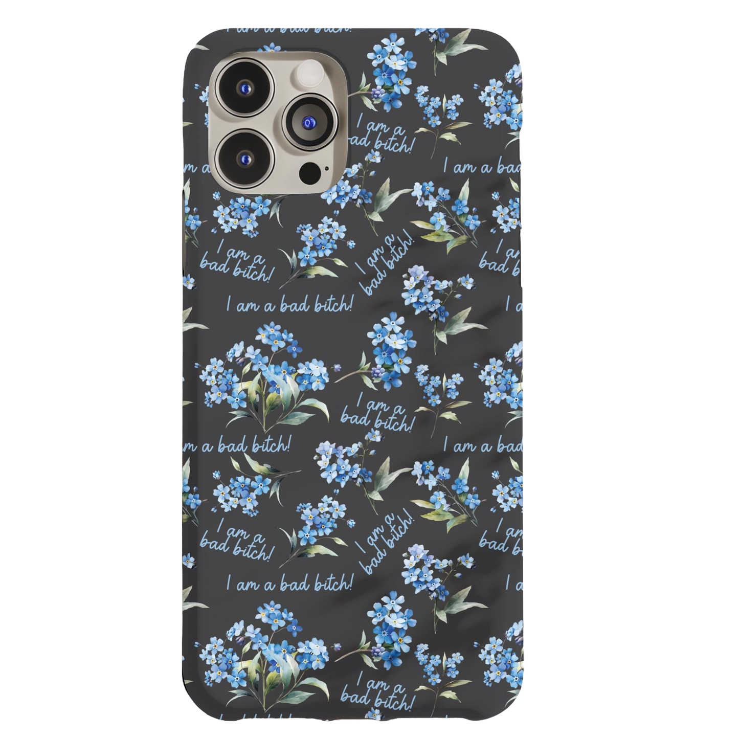 a black phone case with blue flowers on it