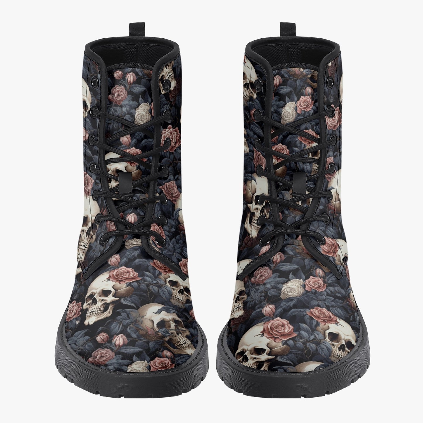 Gothic Skulls Pink Floral Leather Combat Boots