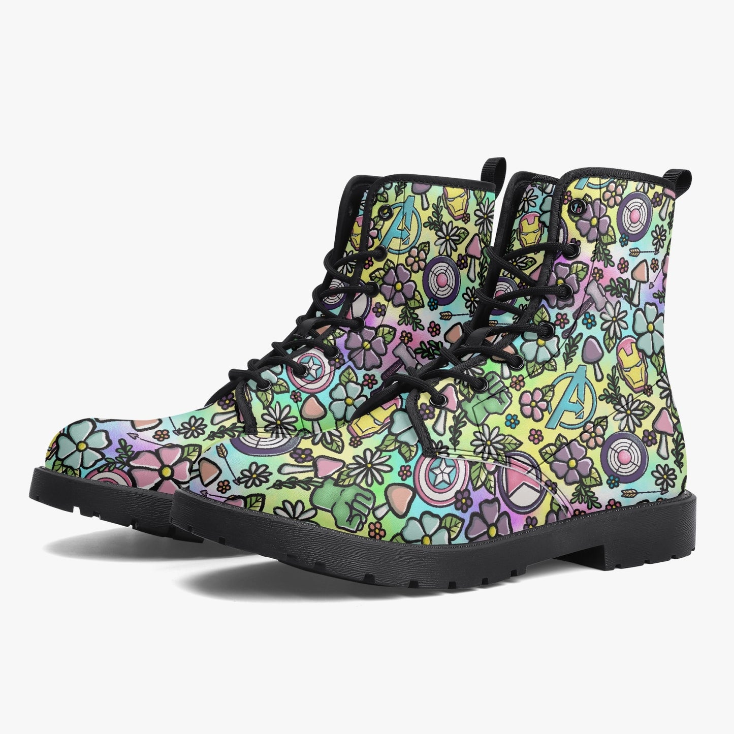 Pastel Avengers Floral Cottagecore Leather Combat Boots