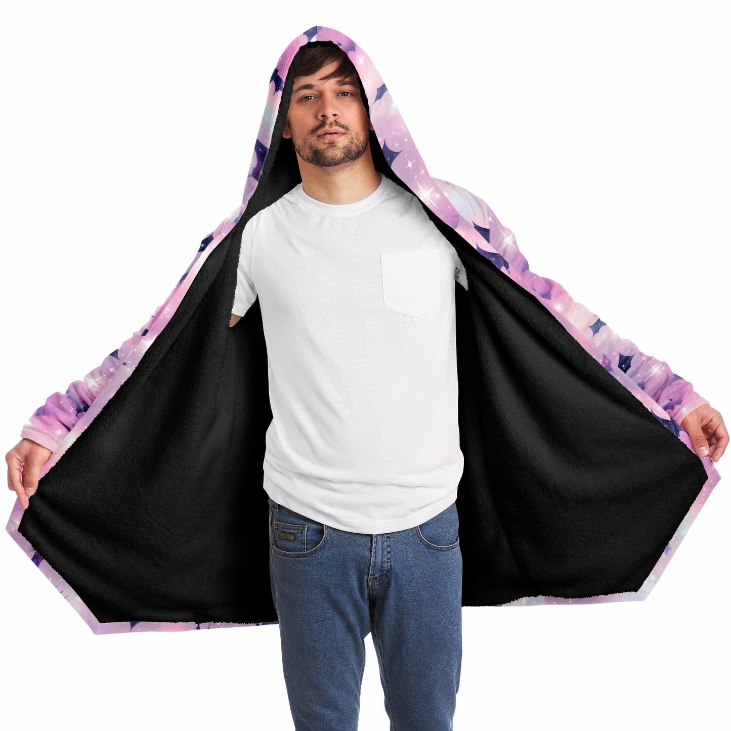 Pastel Pink Bats Fleece Lined Hooded Cloak