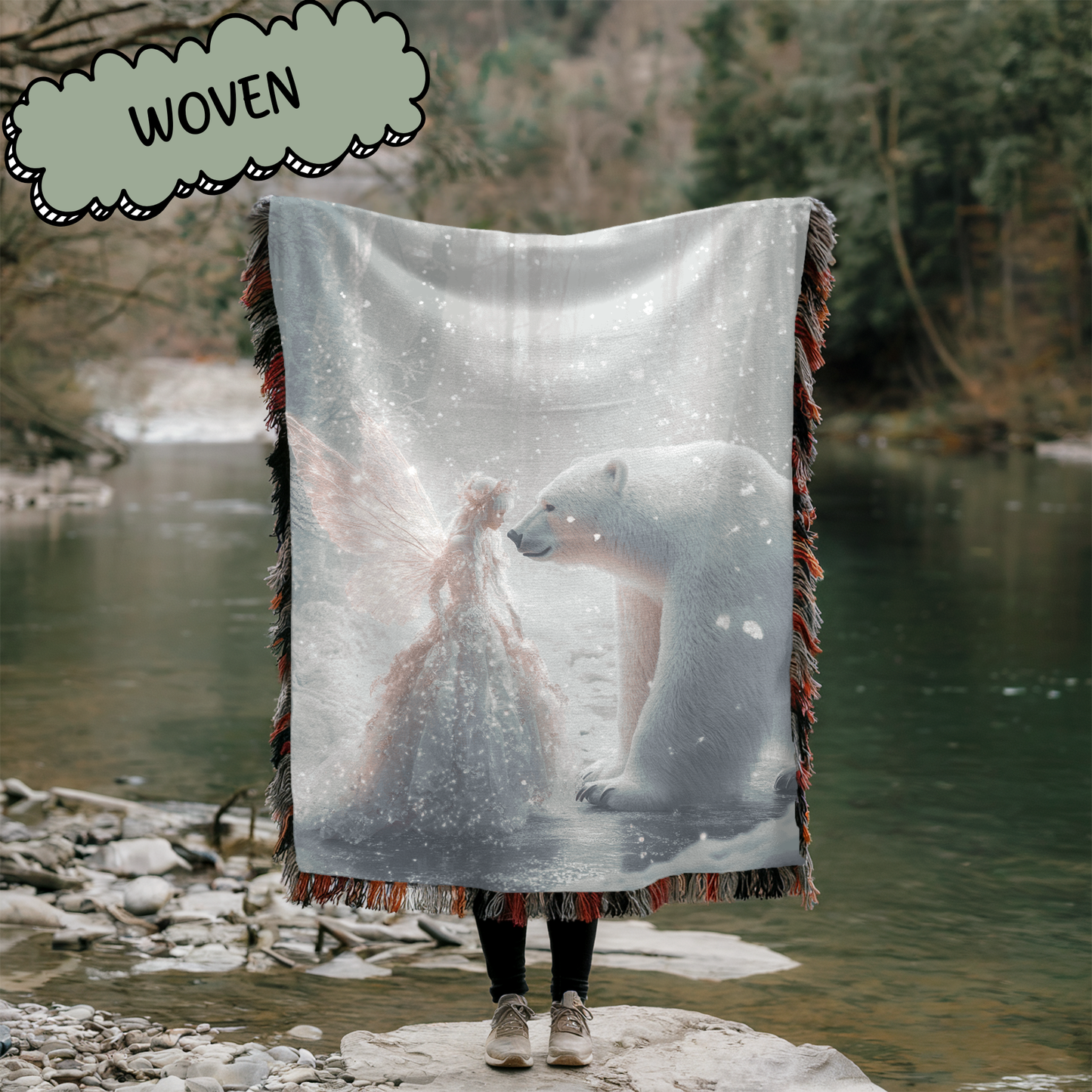 Fantasy Magic Fairy and Polar Bear Woven & Sherpa Fleece Blankets