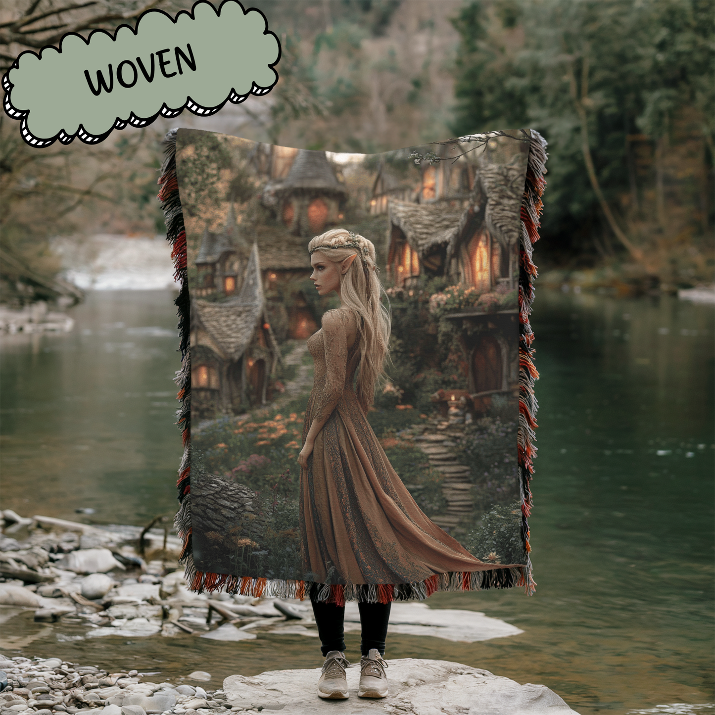 Fantasy Blonde Fairy in Village Woven & Sherpa Fleece Blankets