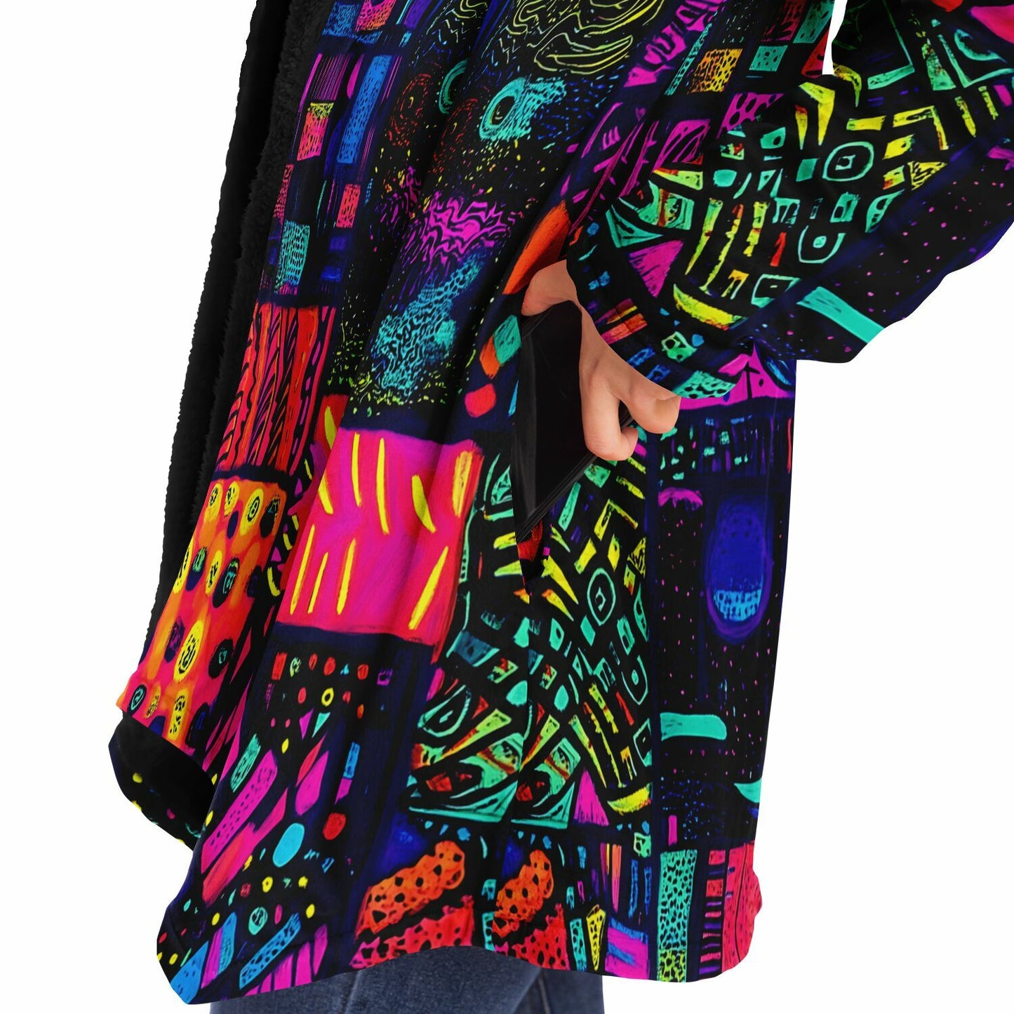 Psychedelic Trippy Patchwork Fleece Lined Hooded Cloak