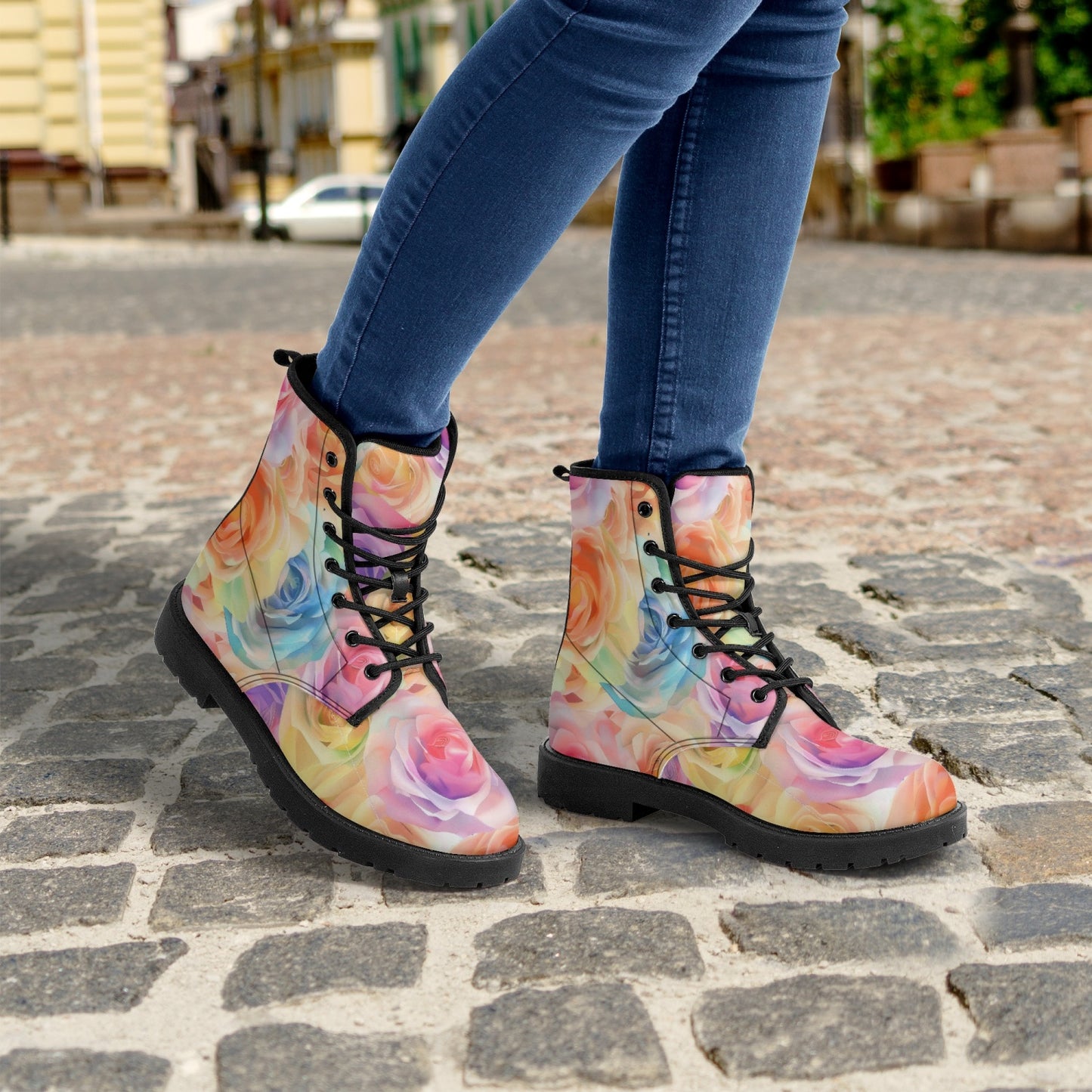 Watercolor Floral Leather Combat Boots