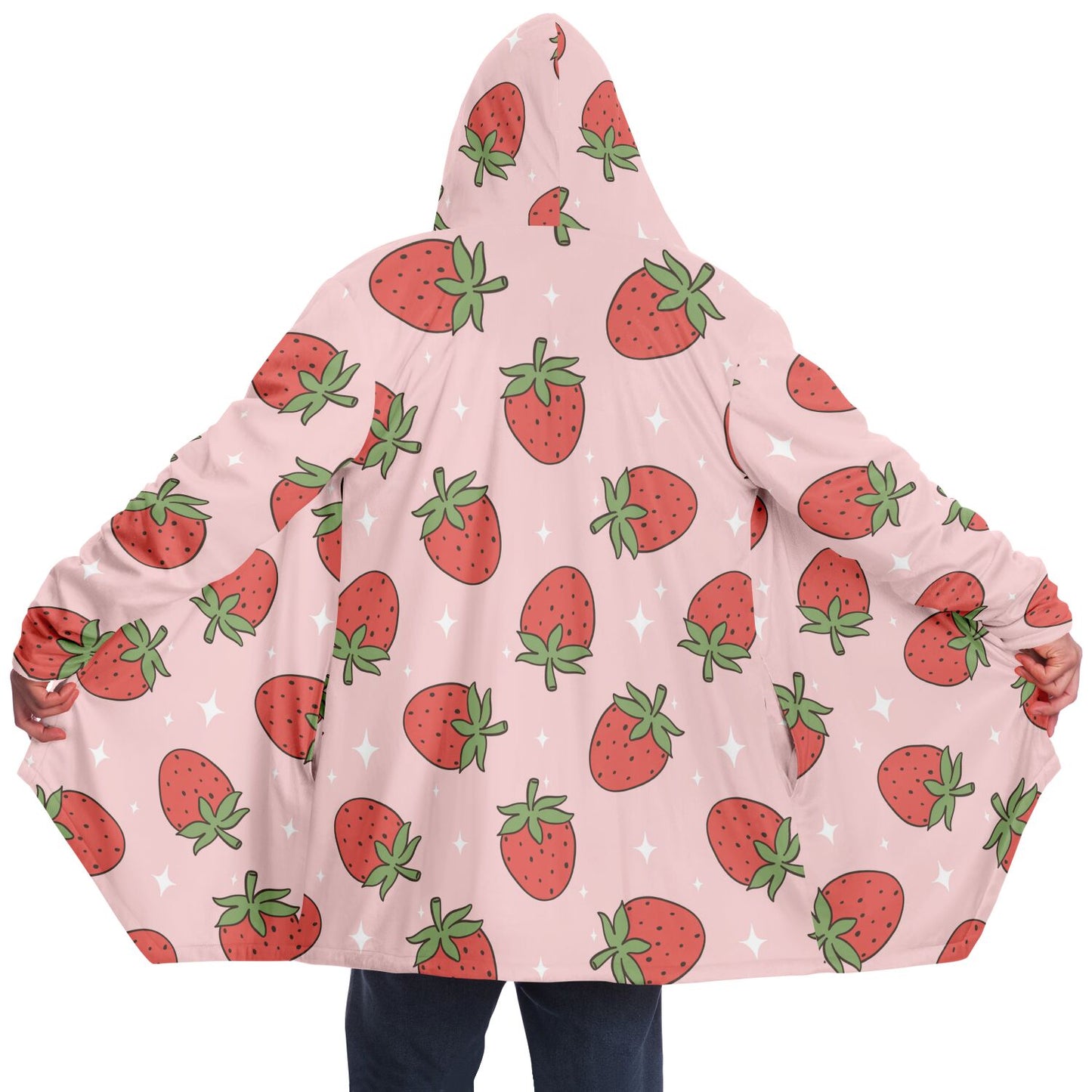Red Pink Strawberries Fleece Lined Hooded Cloak