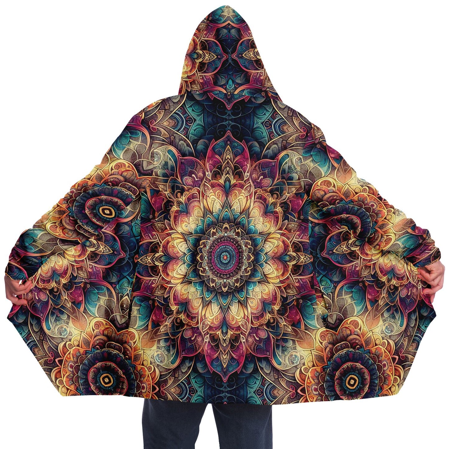 Psychedelic Floral Mandala Fleece Lined Hooded Cloak