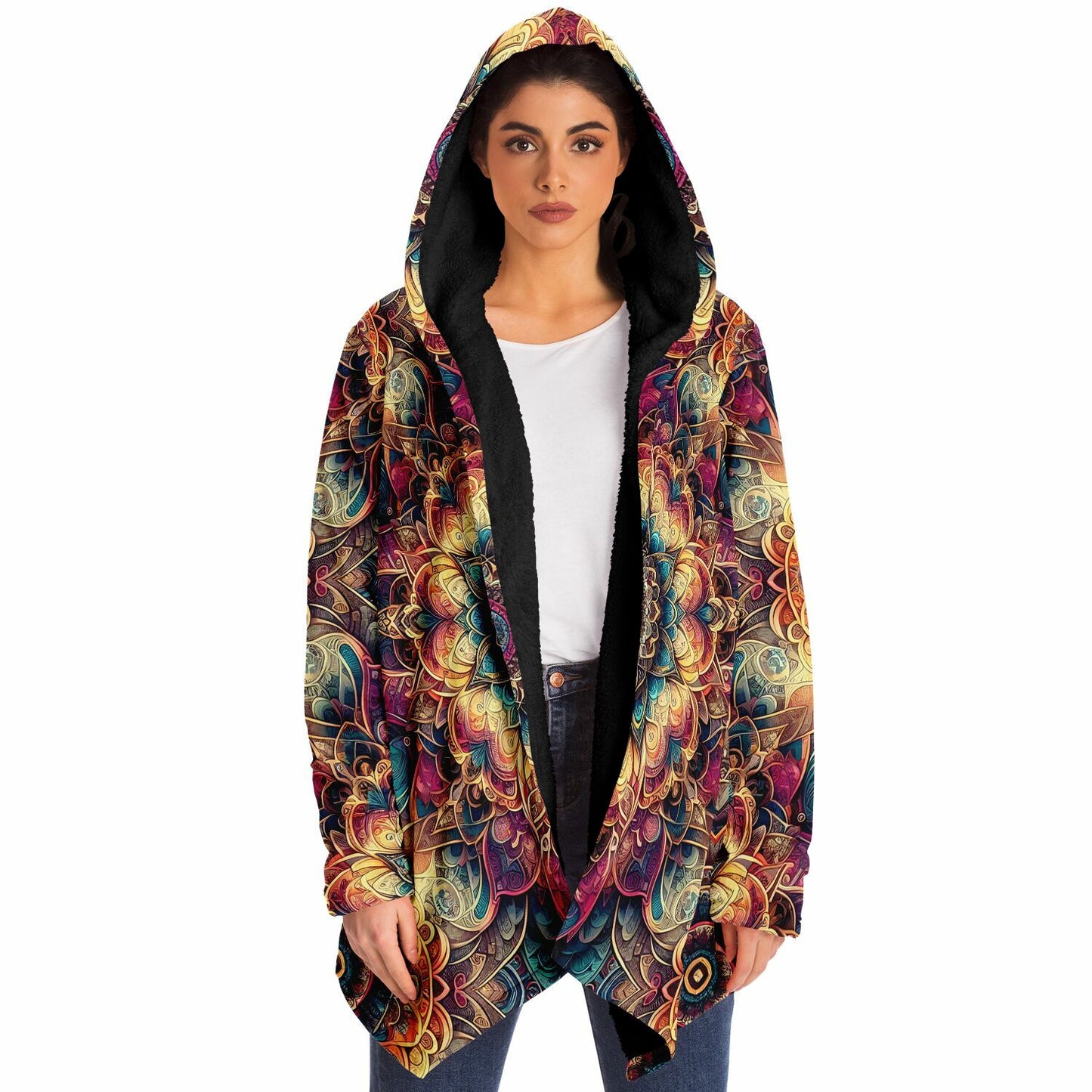 Psychedelic Floral Mandala Fleece Lined Hooded Cloak
