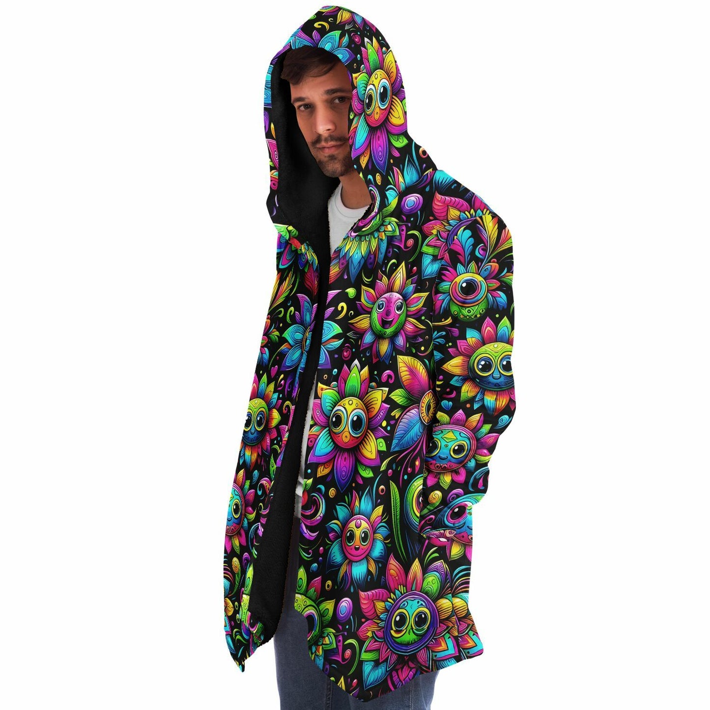 Psychedelic Happy Funny Flowers Fleece Lined Hooded Cloak