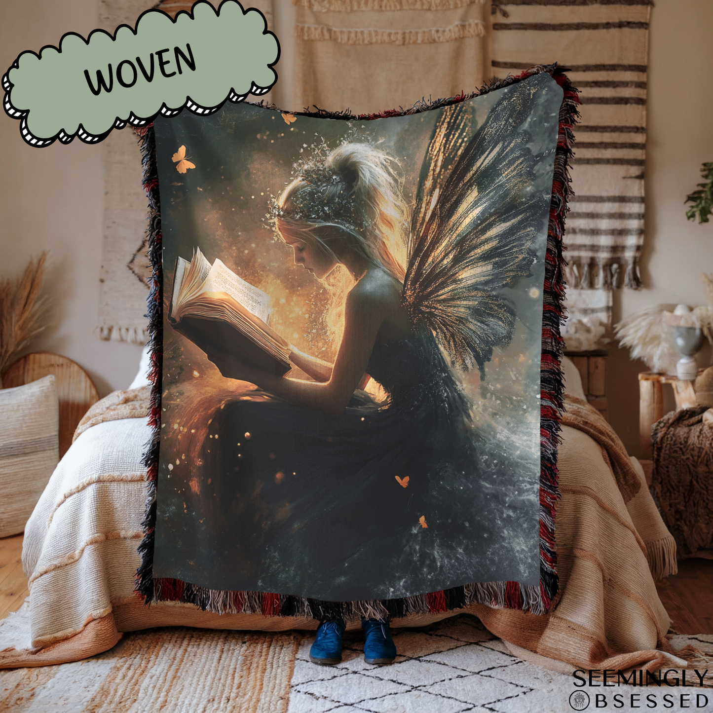 Bright Fantasy Faerie Reading Book Woven & Sherpa Fleece Blankets