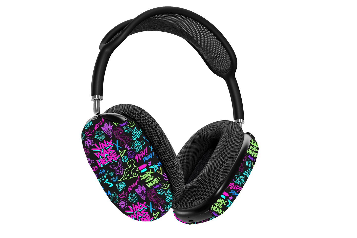 Arcane Jinx AirPods Max Case with vibrant graffiti design protecting and decorating AirPods Max headphones.