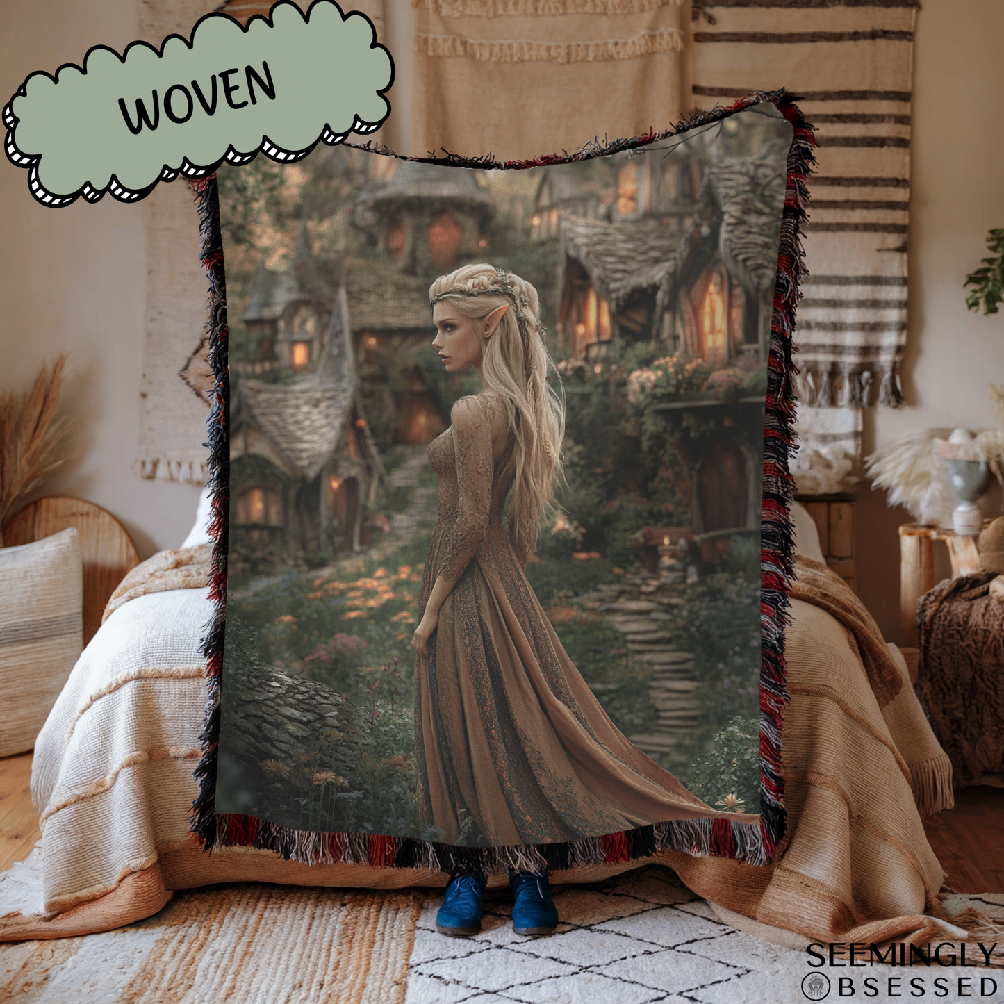 Fantasy Blonde Fairy in Village Woven & Sherpa Fleece Blankets