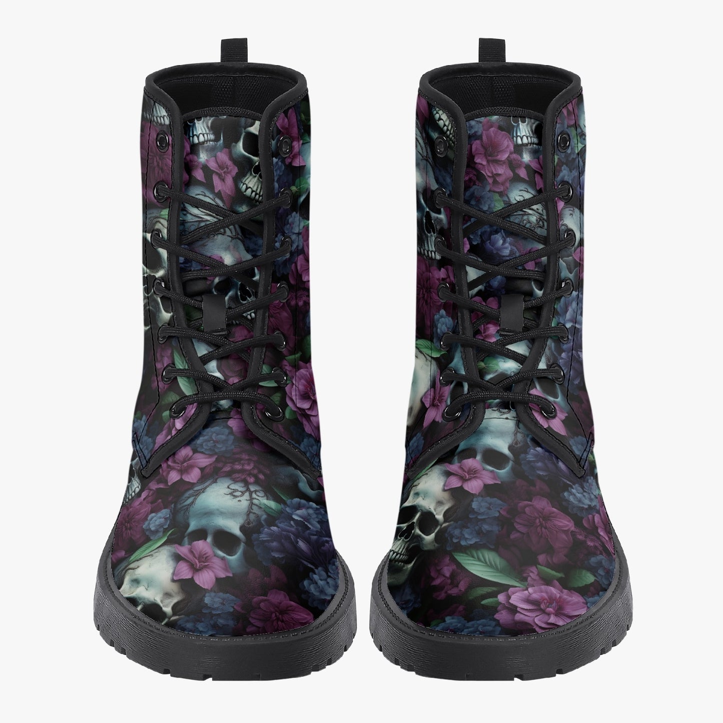 Gothic Skulls Purple Floral Leather Combat Boots
