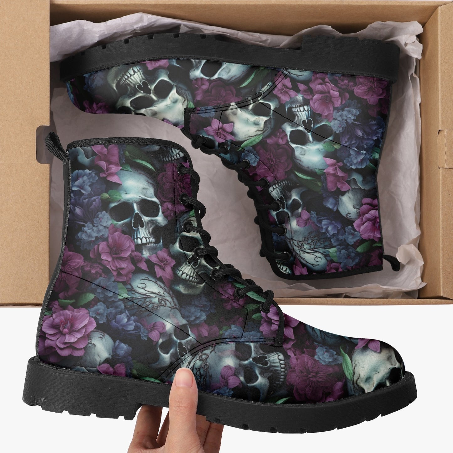 Gothic Skulls Purple Floral Leather Combat Boots
