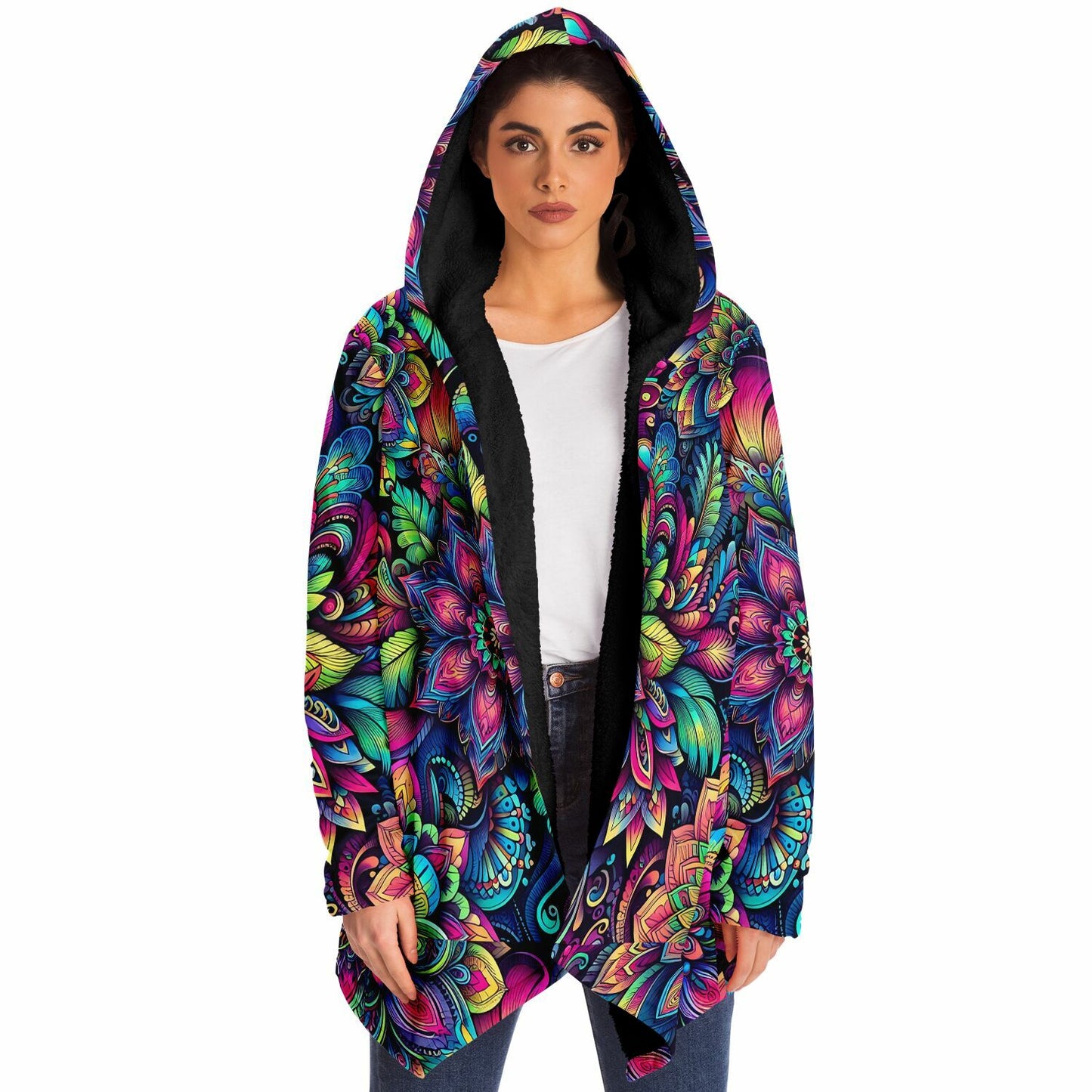 Psychedelic Etched Floral Fleece Lined Hooded Cloak