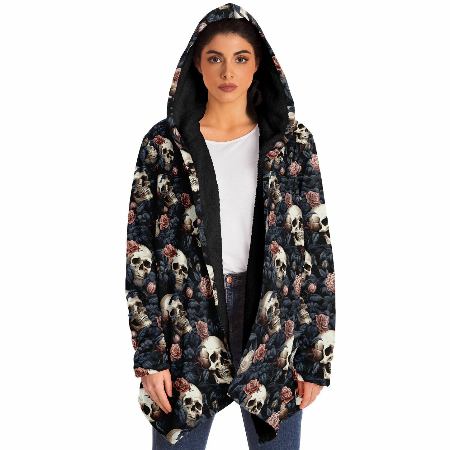 Gothic Skulls Pink Floral Fleece Lined Hooded Cloak