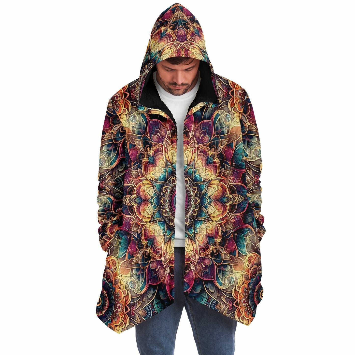 Psychedelic Floral Mandala Fleece Lined Hooded Cloak