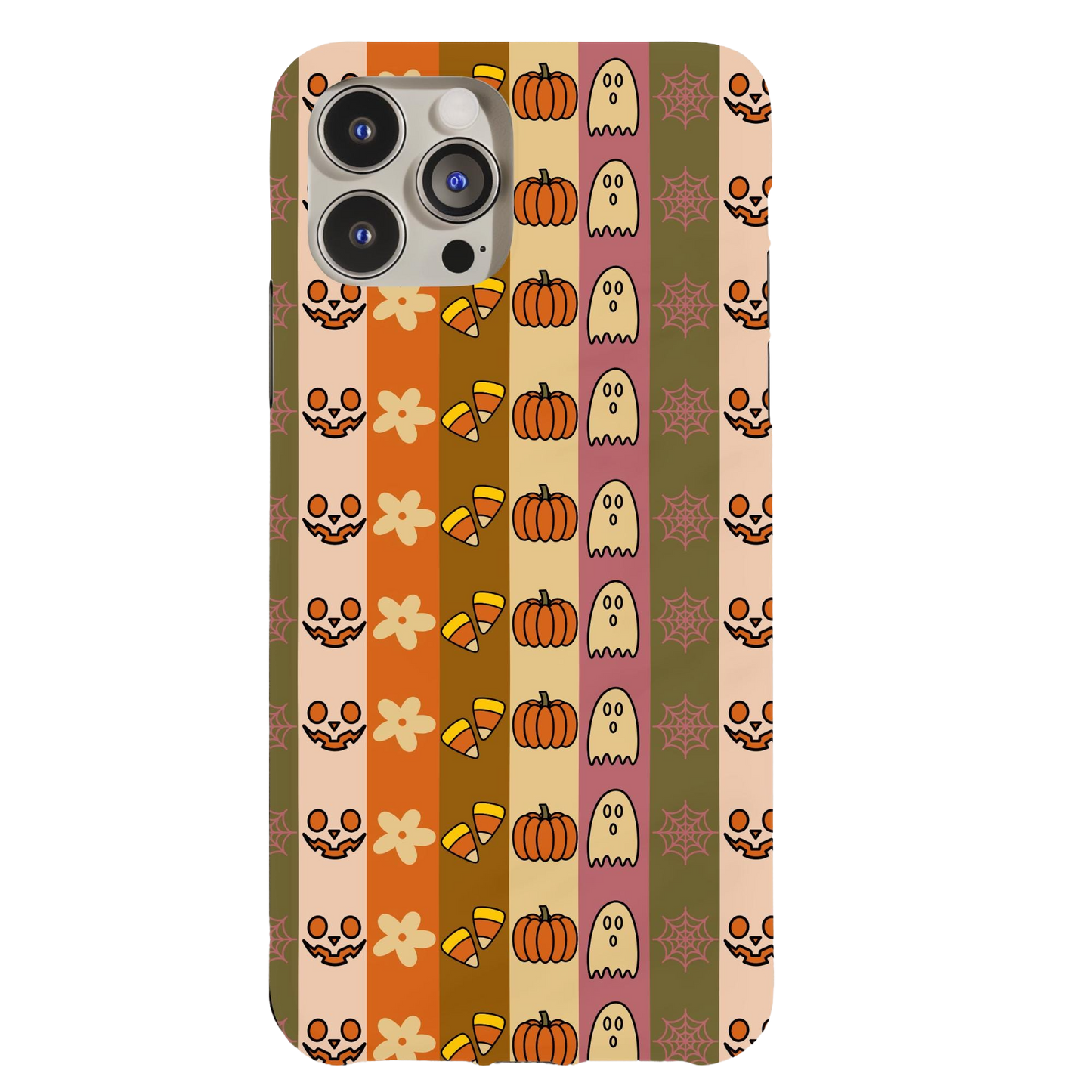 a phone case with a pattern of pumpkins and skulls