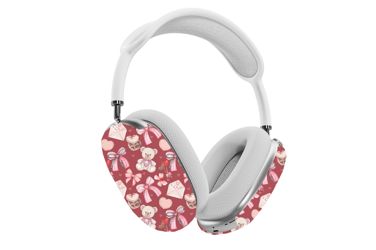 White headphones featuring the Coquette Chocolate Bear AirPods Max Case with teddy bear and ribbon pattern design