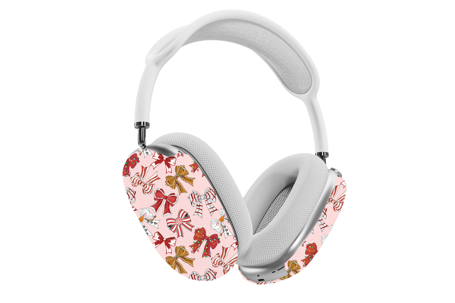 Coquette Christmas Bows AirPods Max Case with festive red and gold bow patterns on white headphones covering