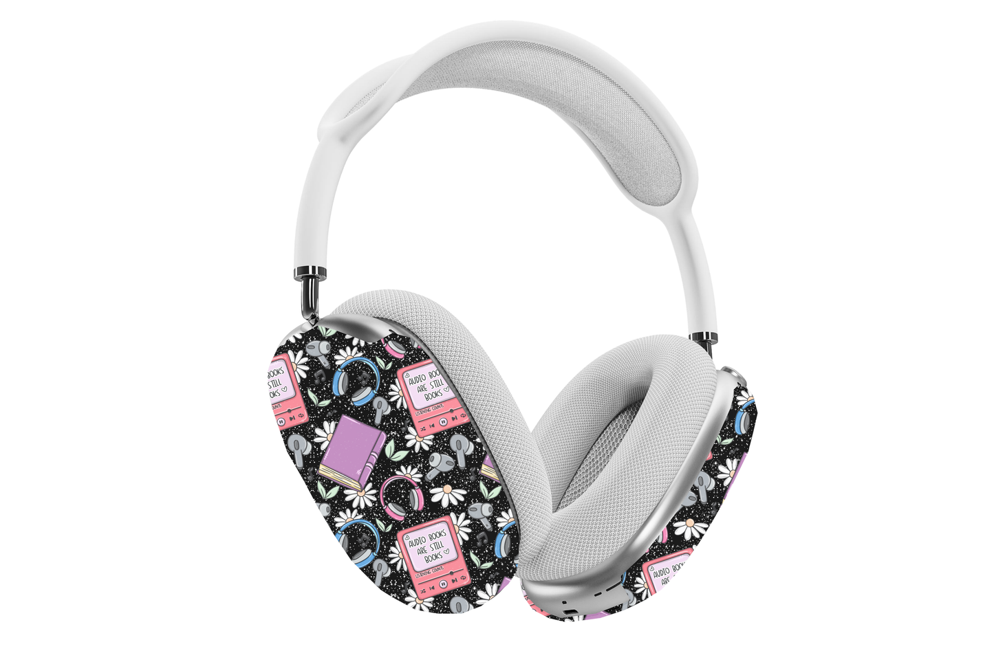 Audiobooks Are Still Books AirPods Max Case with book and floral design protecting white headphones