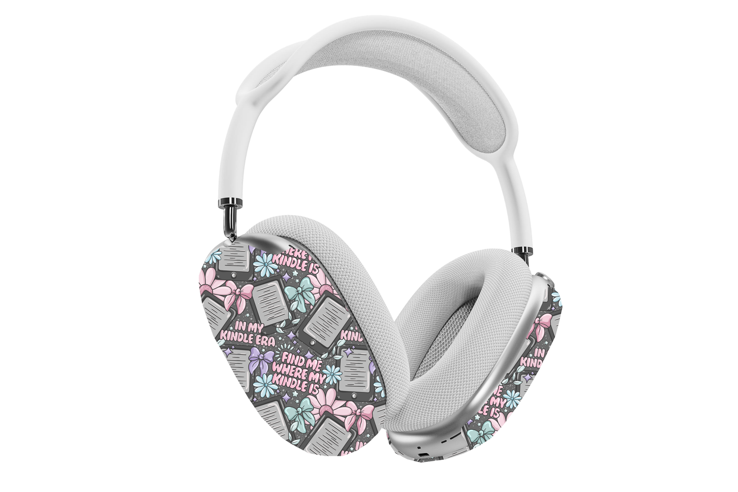 White headphones with a grey interior featuring the Bookish Find Me Where My Kindle Is AirPods Max Case design in pastel colors