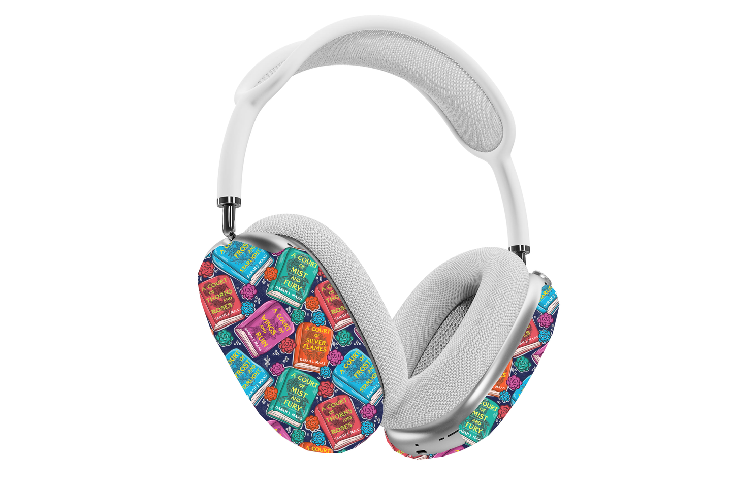 Bookish ACOTAR Books AirPods Max Case featuring colorful illustrated book covers on headphones protection case