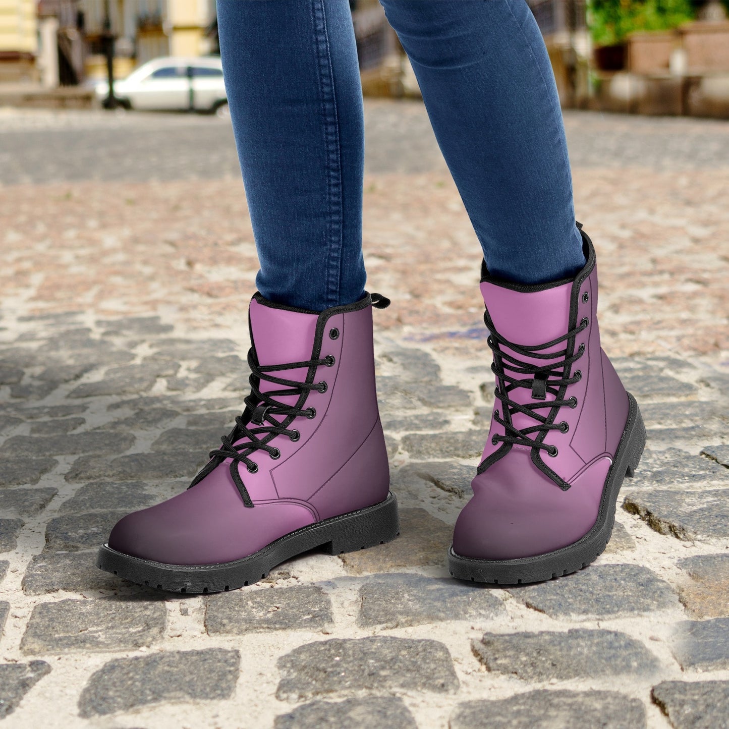 Black Pink Gradient Leather Combat Boots
