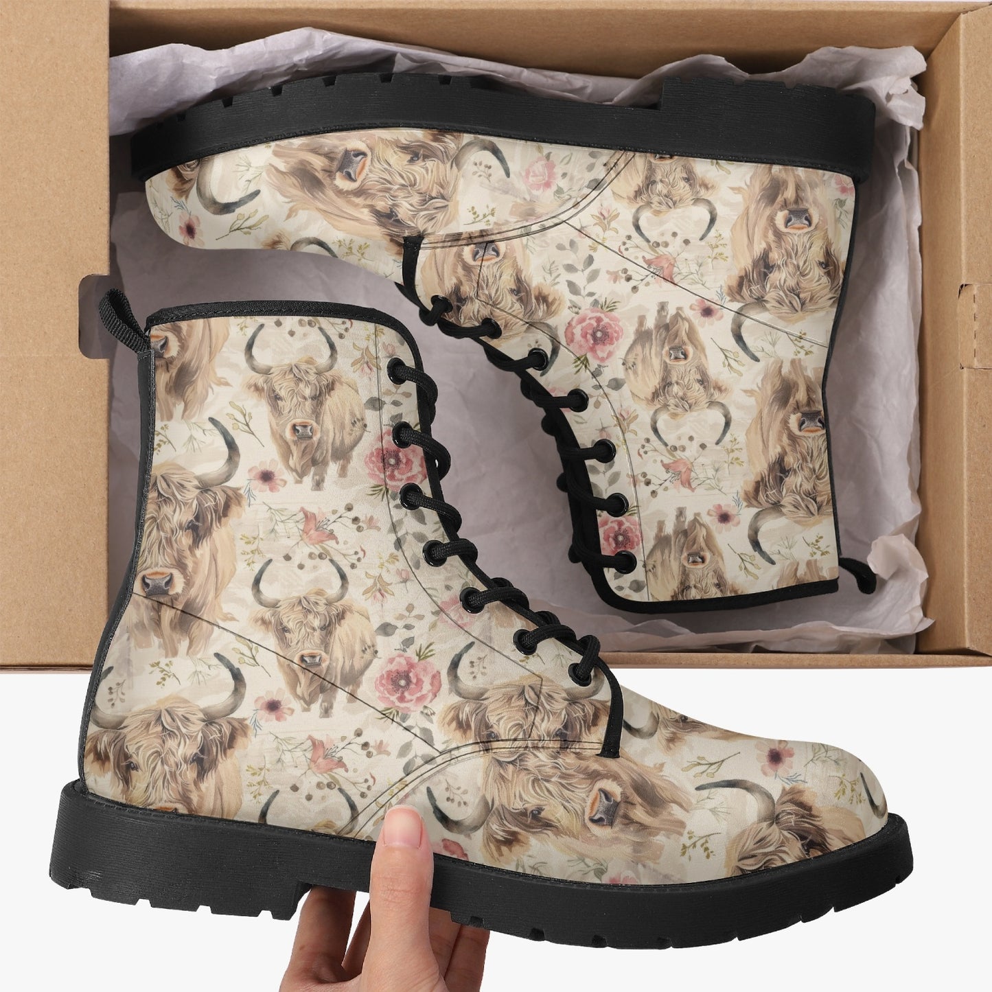 Highland Cow Leather Combat Boots