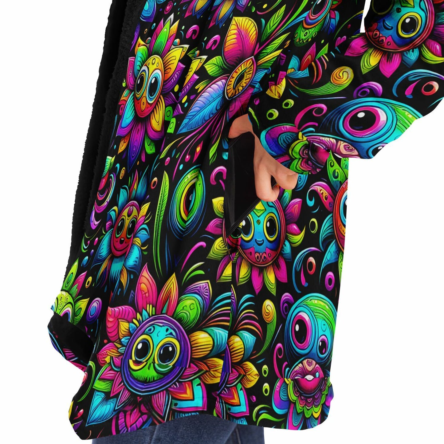 Psychedelic Happy Funny Flowers Fleece Lined Hooded Cloak