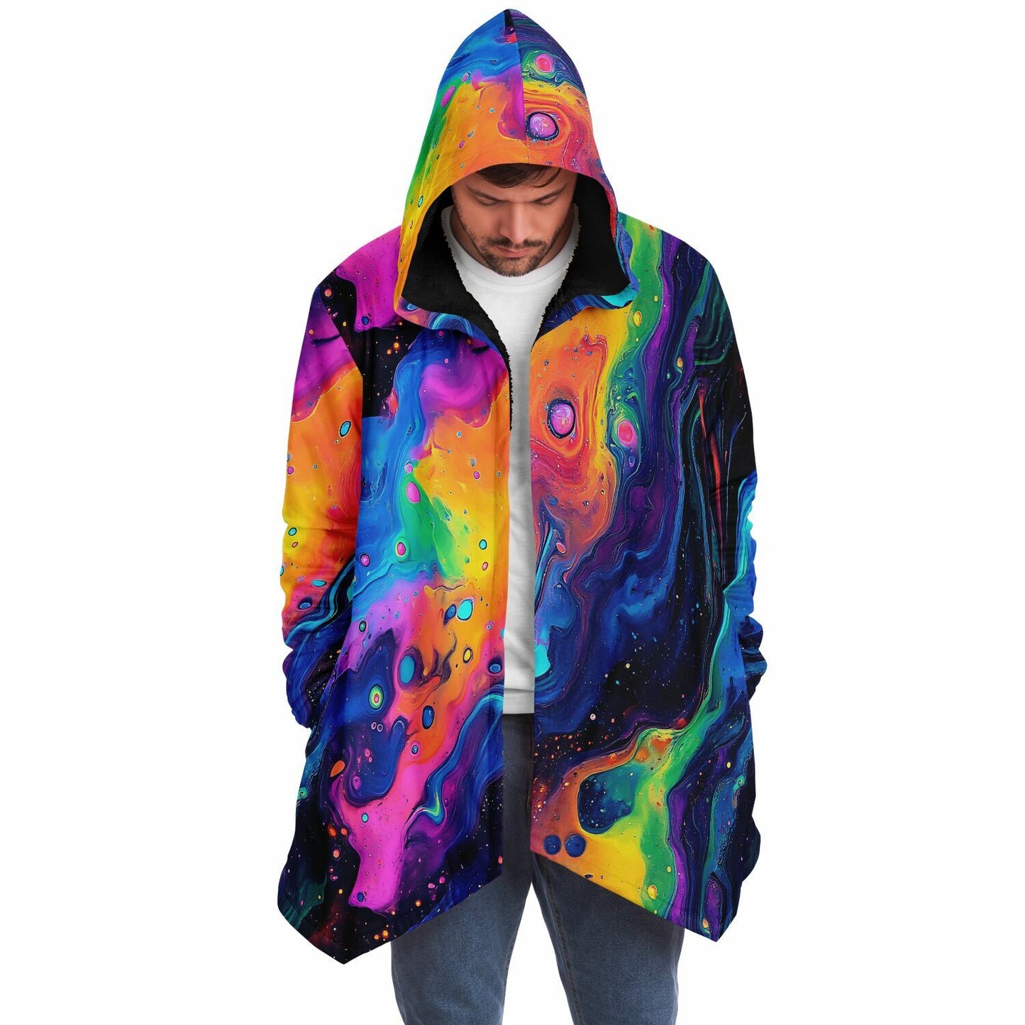 Psychedelic Liquid Splash Fleece Lined Hooded Cloak