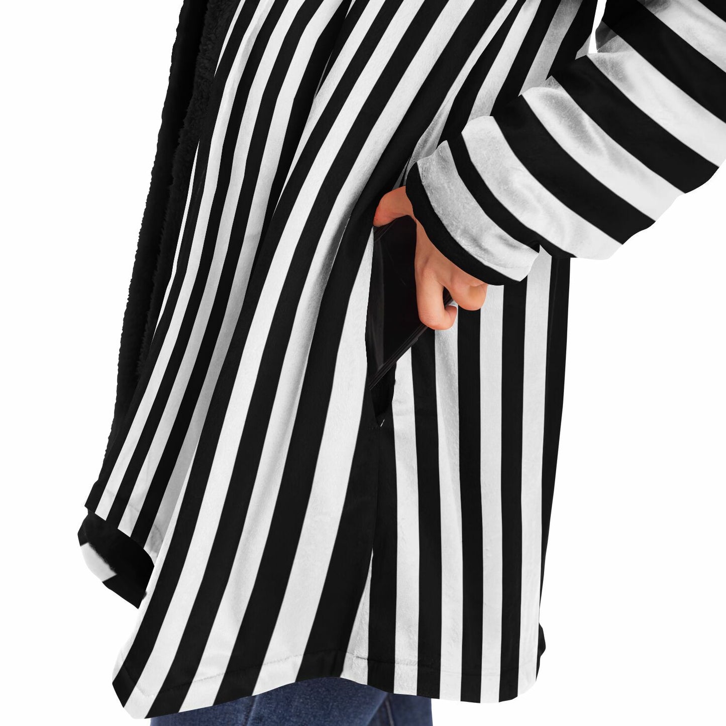Black White Stripes Fleece Lined Hooded Cloak