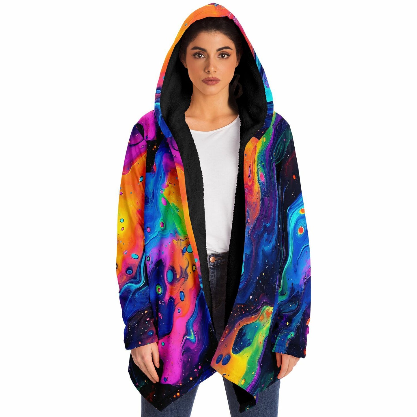 Psychedelic Liquid Splash Fleece Lined Hooded Cloak