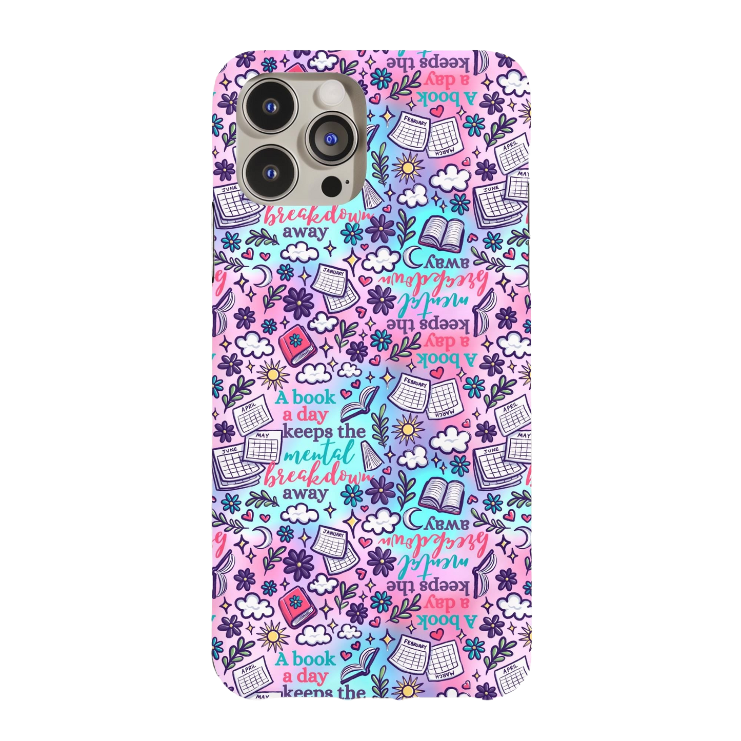 a pink phone case with a pattern of books and flowers