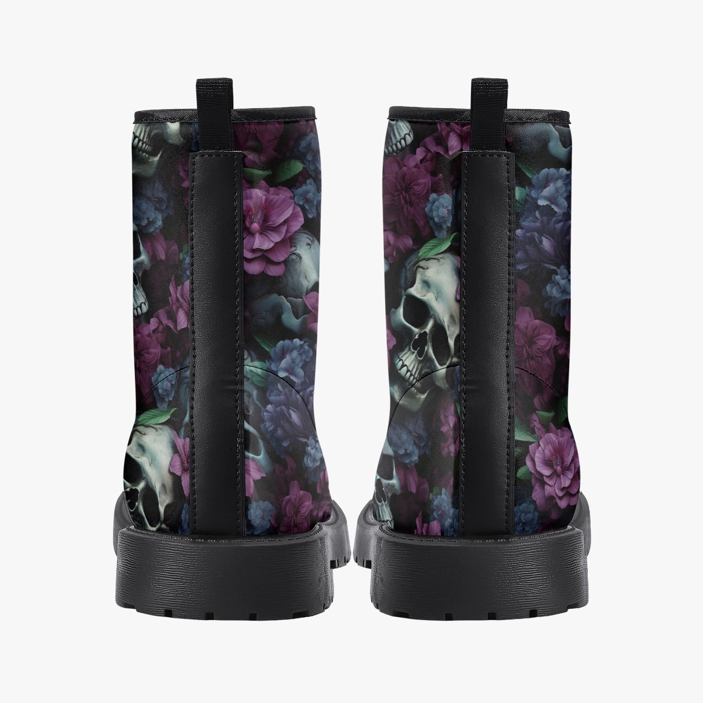 Gothic Skulls Purple Floral Leather Combat Boots