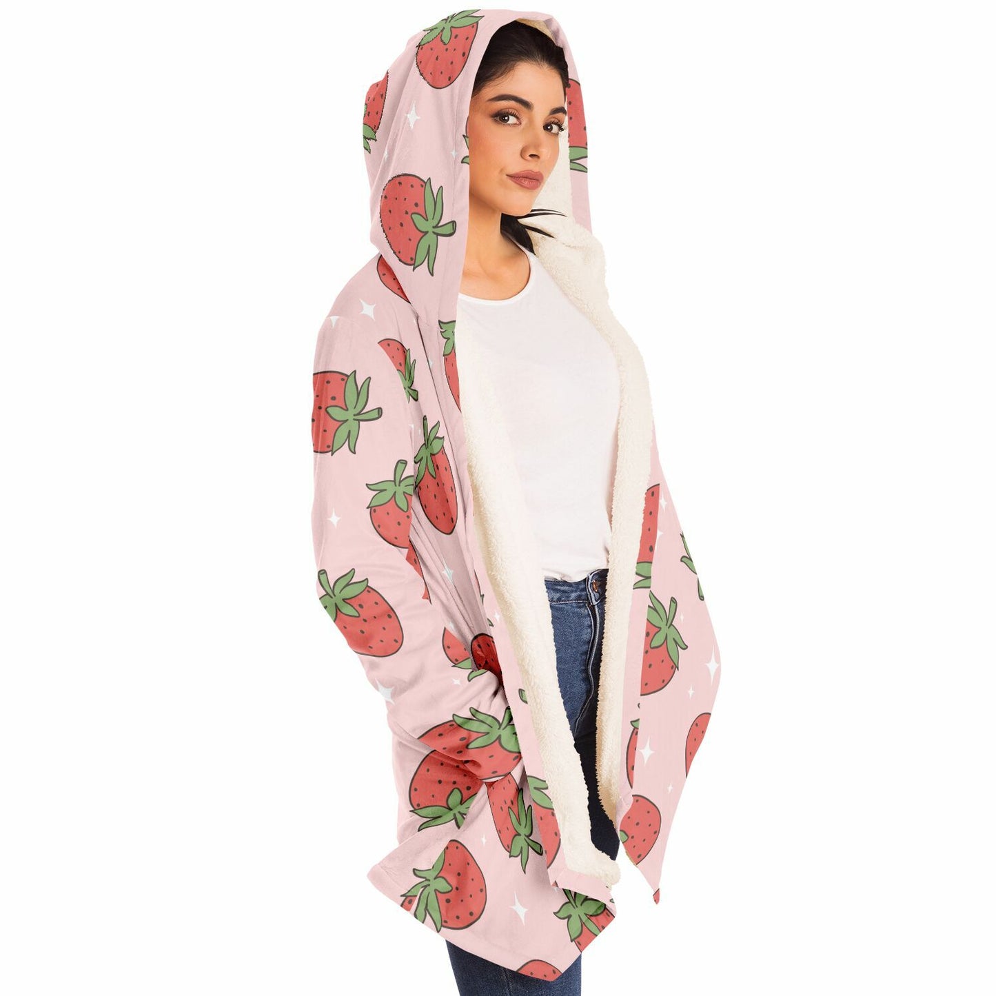 Red Pink Strawberries Fleece Lined Hooded Cloak