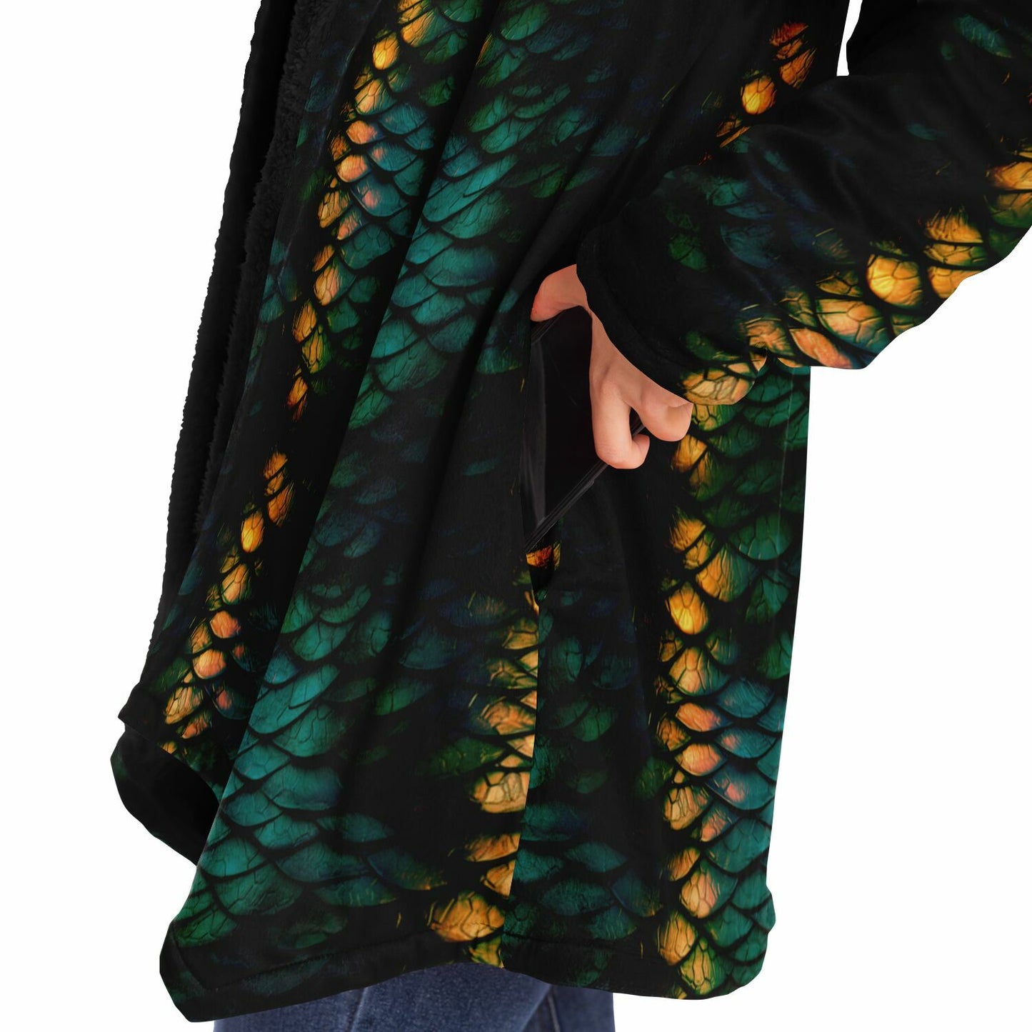 Green Dragon Scales Fleece Lined Hooded Cloak