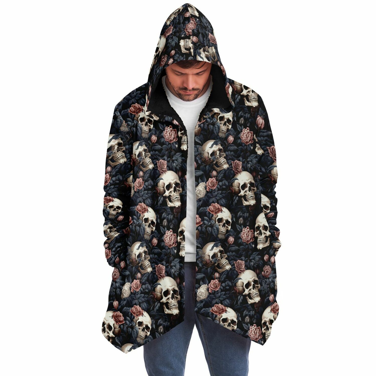 Gothic Skulls Pink Floral Fleece Lined Hooded Cloak