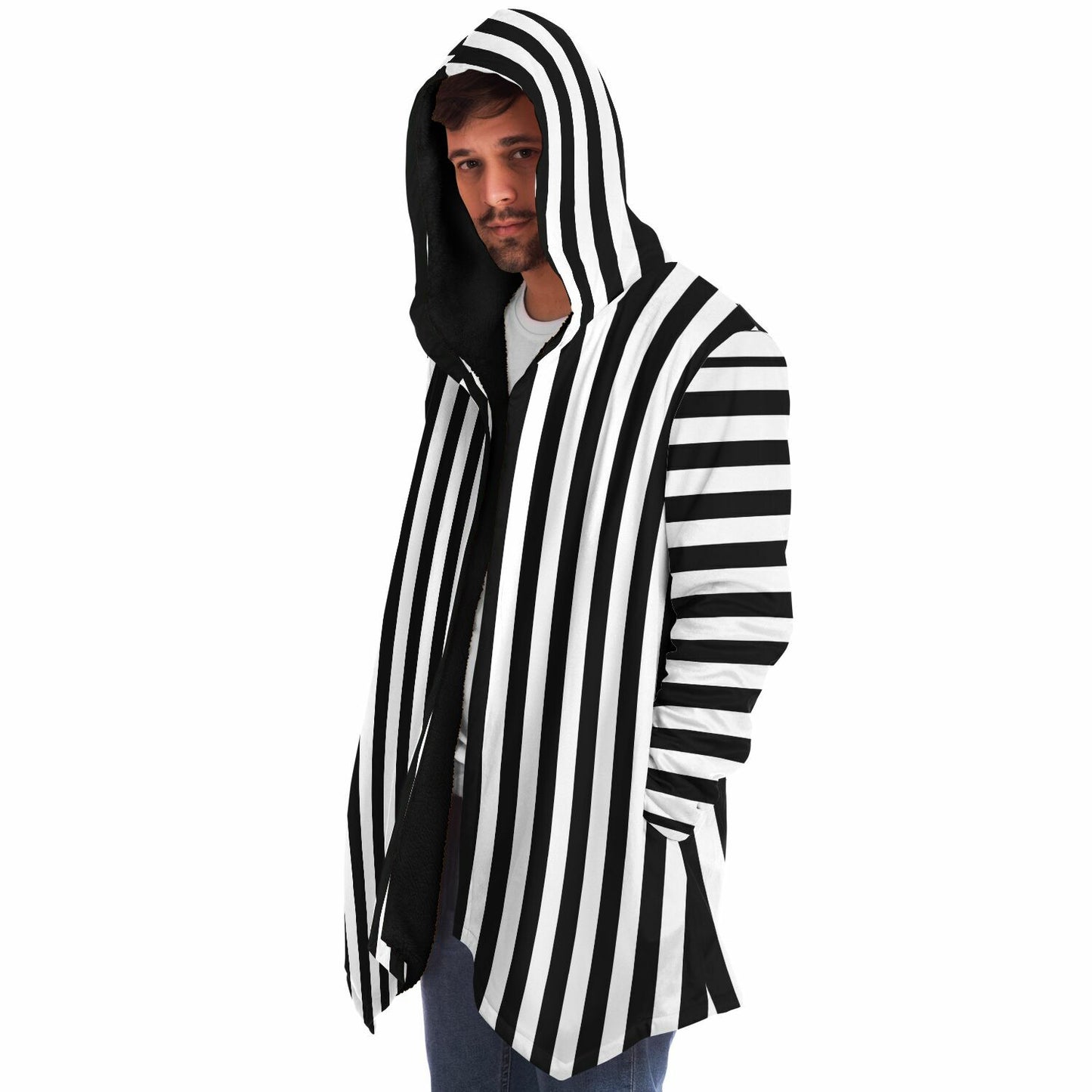 Black White Stripes Fleece Lined Hooded Cloak