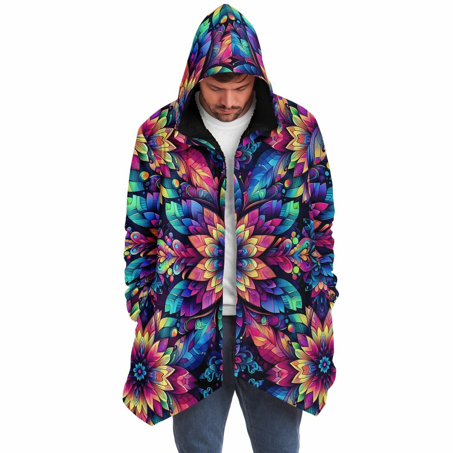Psychedelic Concentric Floral Fleece Lined Hooded Cloak