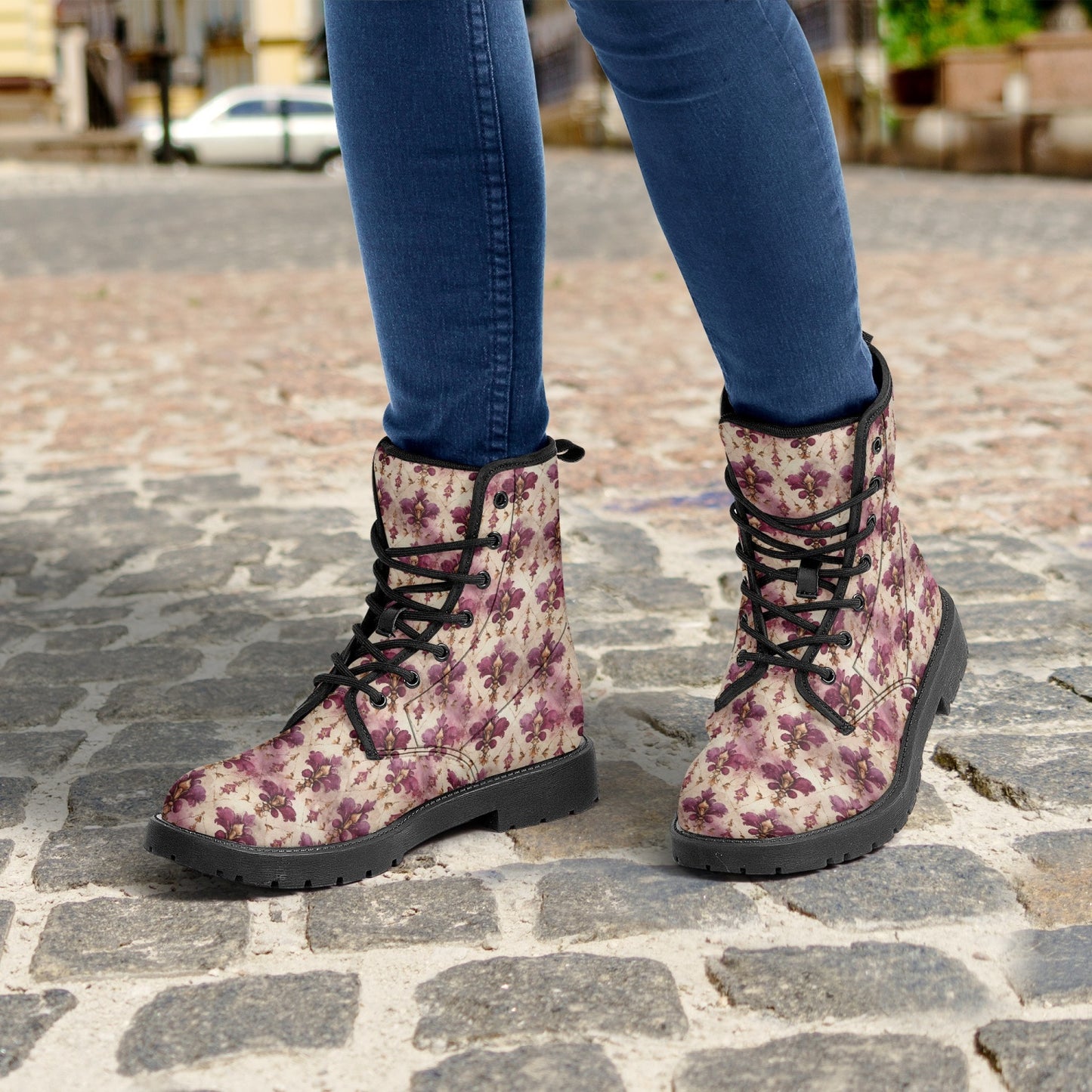 White Pink Damask Leather Combat Boots