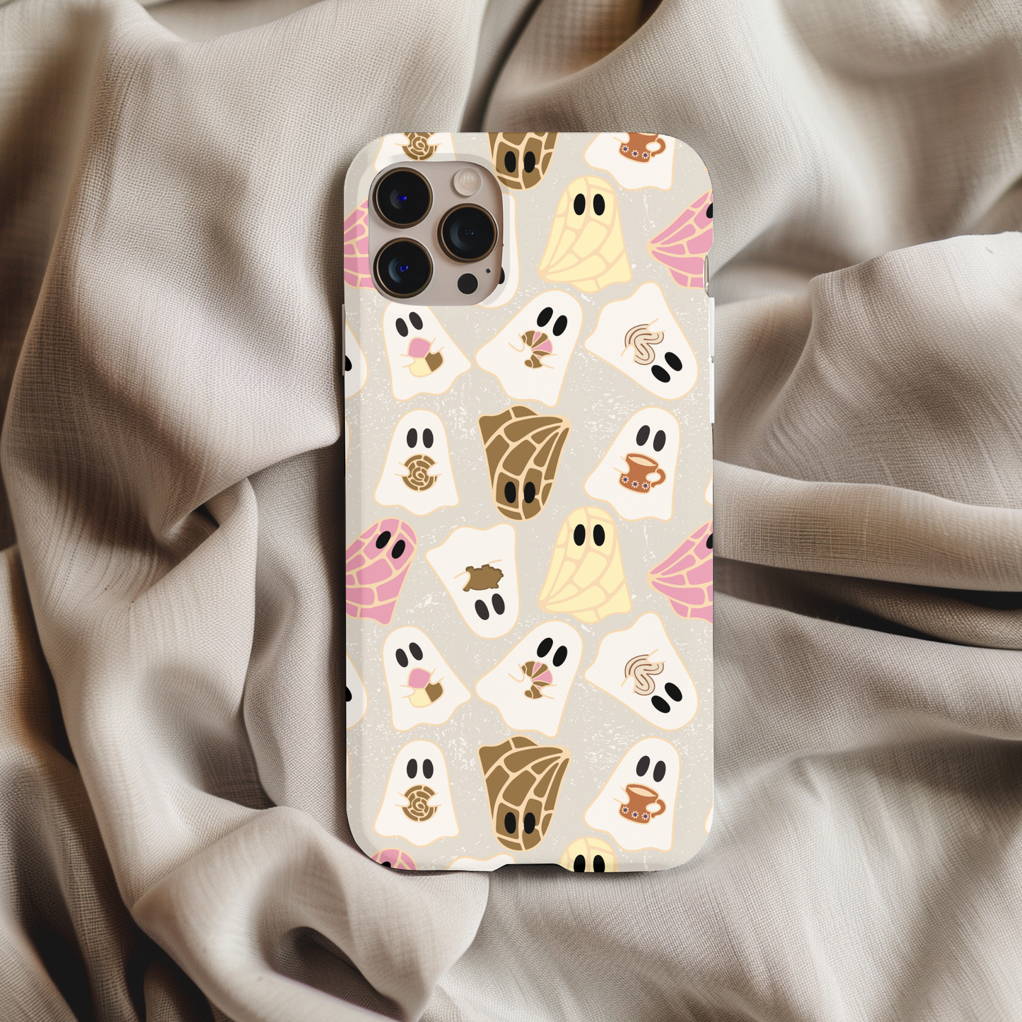 Patterned Ghosties Phone Case featuring cute ghost designs with various expressions on a soft beige background.
